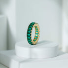 Emerald Cut Lab Grown Emerald Eternity Wedding Band AAAA 14K Yellow Gold Plated Silver - Rosec Jewels