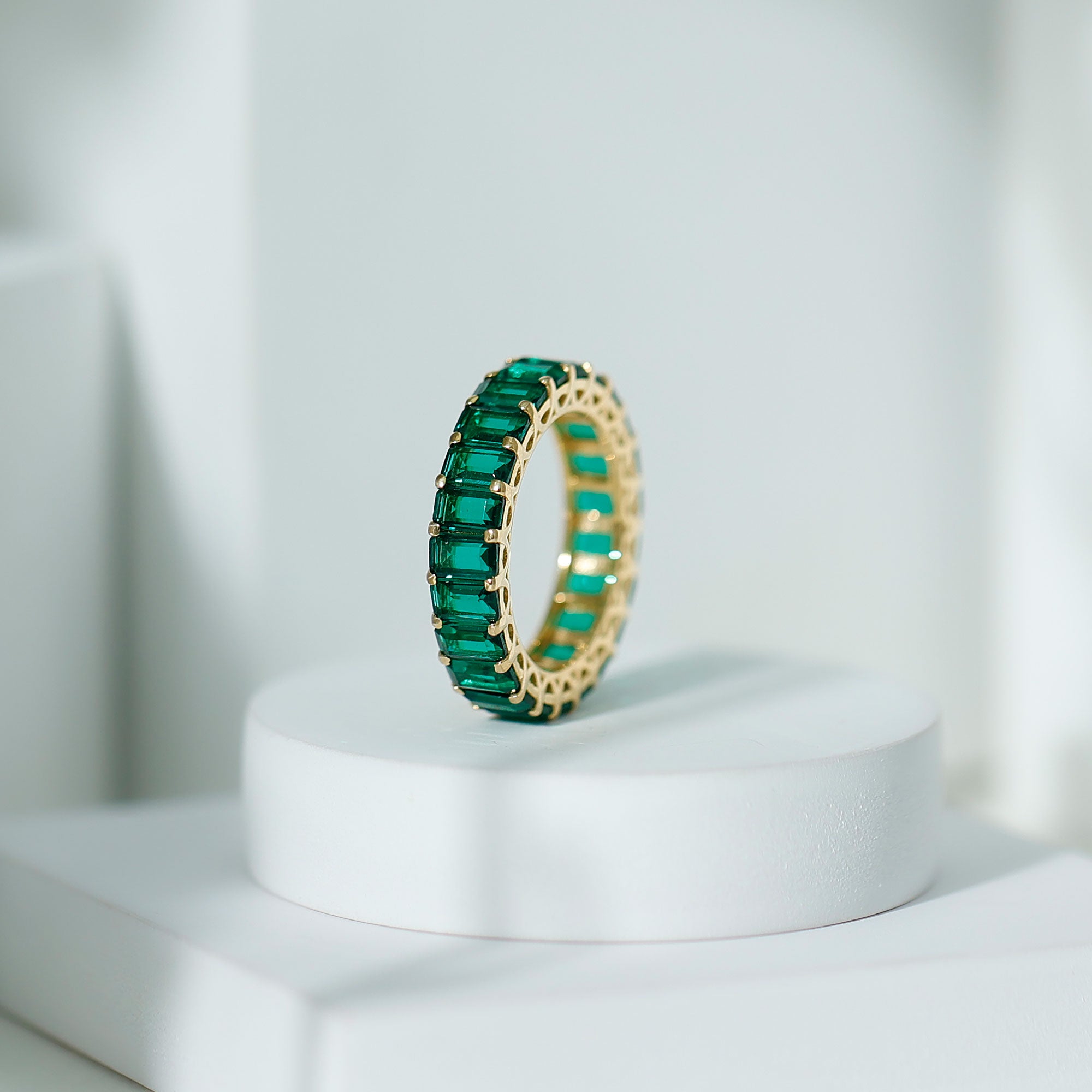 Emerald Cut Lab Grown Emerald Eternity Wedding Band AAAA 14K Yellow Gold Plated Silver - Rosec Jewels
