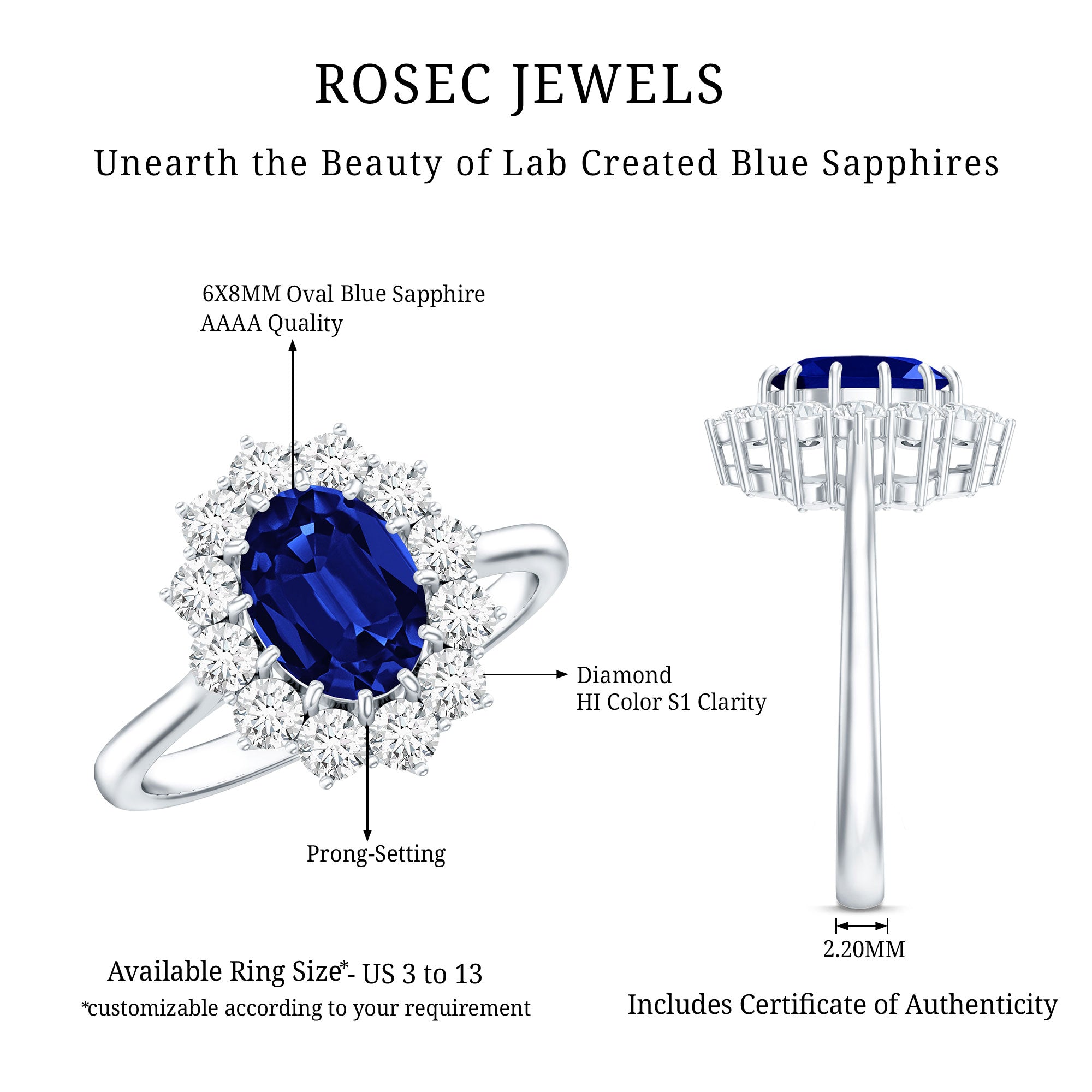 Rosec Jewels-Certified 1.5 Carat Oval Lab Grown Blue Sapphire Princess Diana Engagement Ring with Diamond