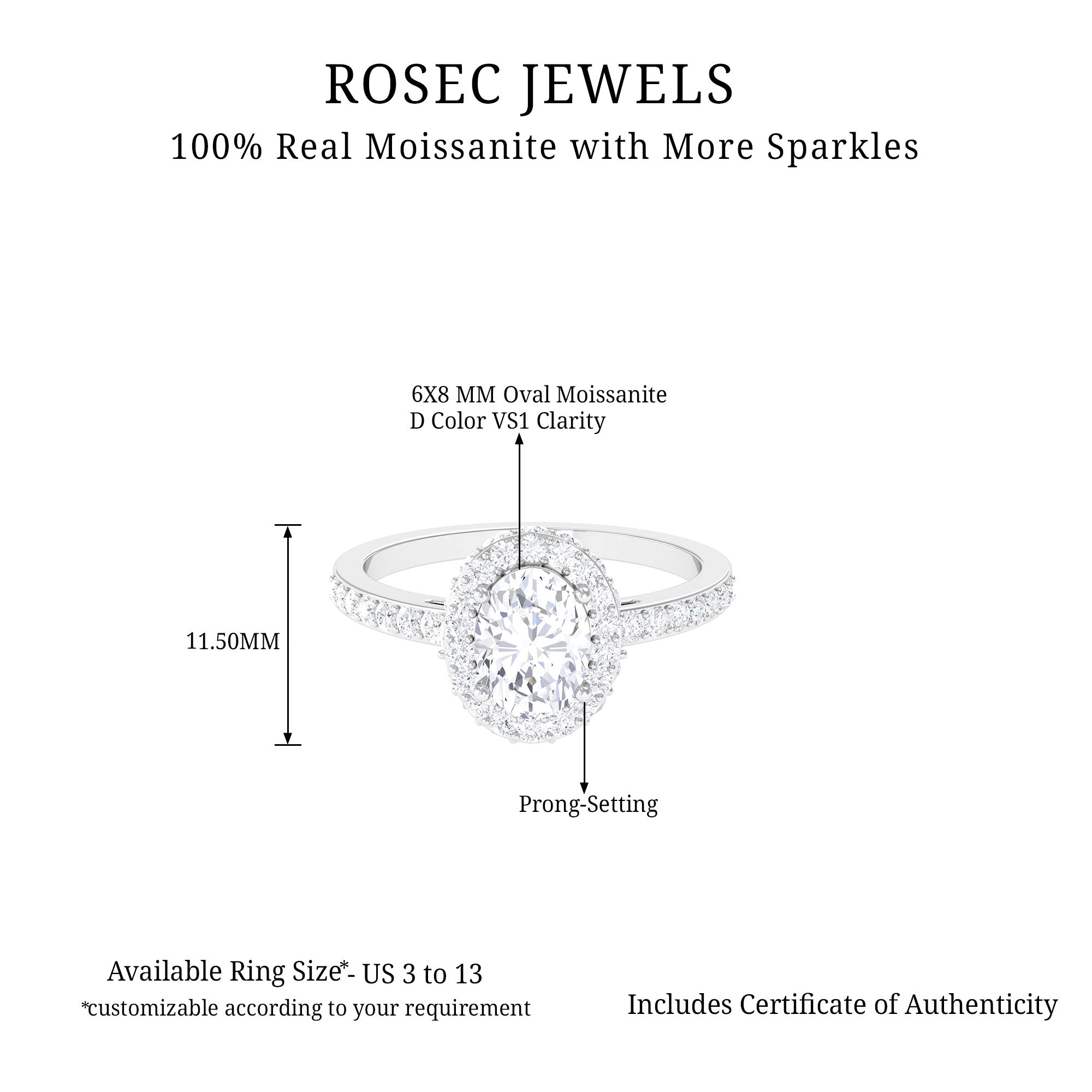 Oval Shape Moissanite Classic Engagement Ring with Halo Moissanite - ( D-VS1 ) - Color and Clarity - Rosec Jewels