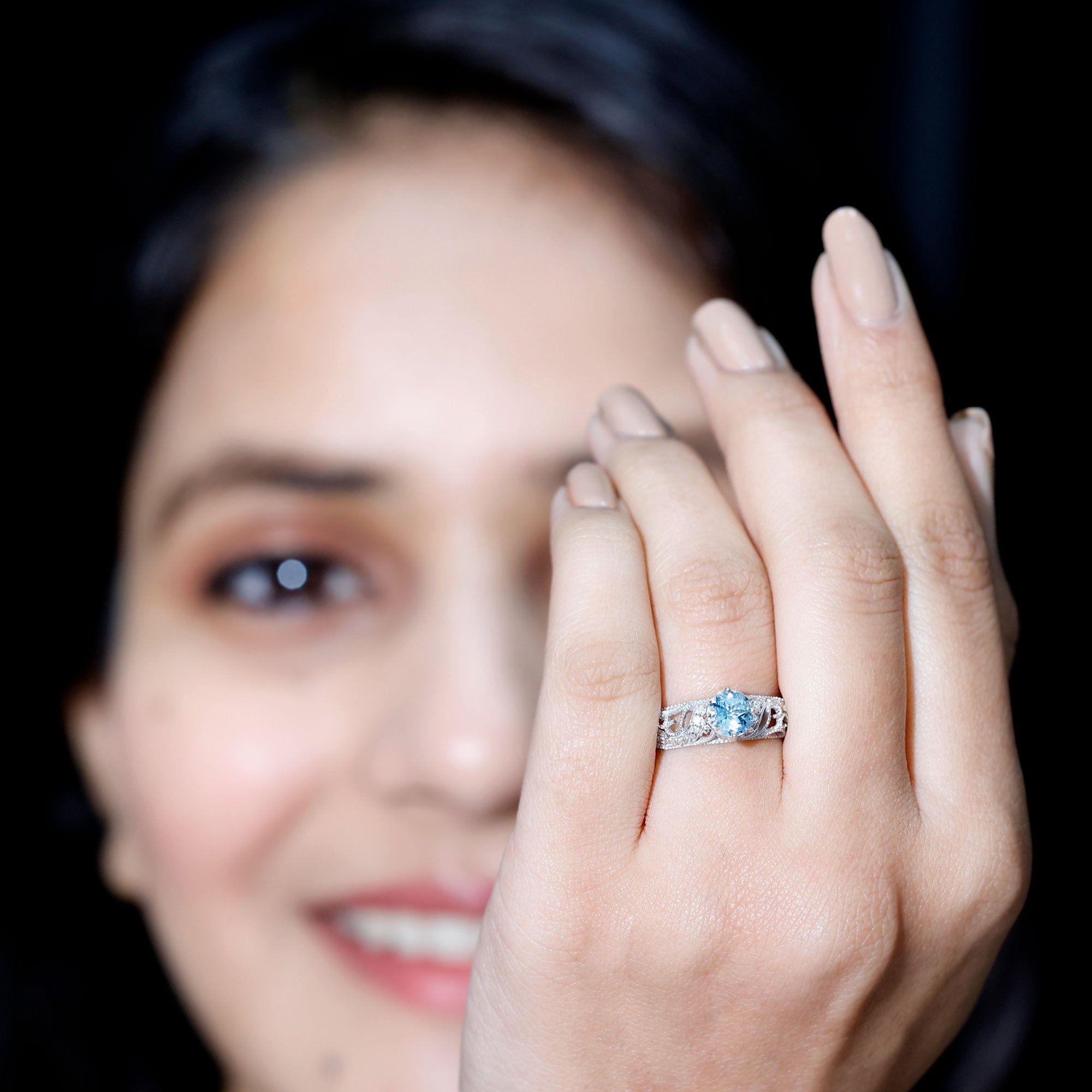 1 CT Vintage Style Aquamarine and Diamond Engagement Ring AAA - Rosec Jewels