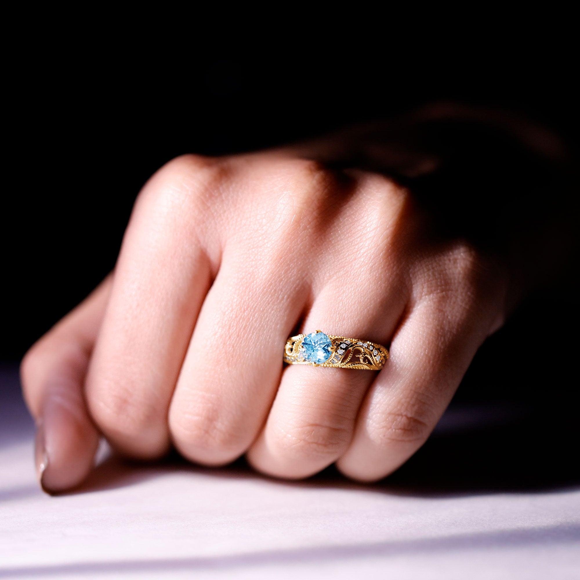 1 CT Vintage Style Aquamarine and Diamond Engagement Ring AAA - Rosec Jewels