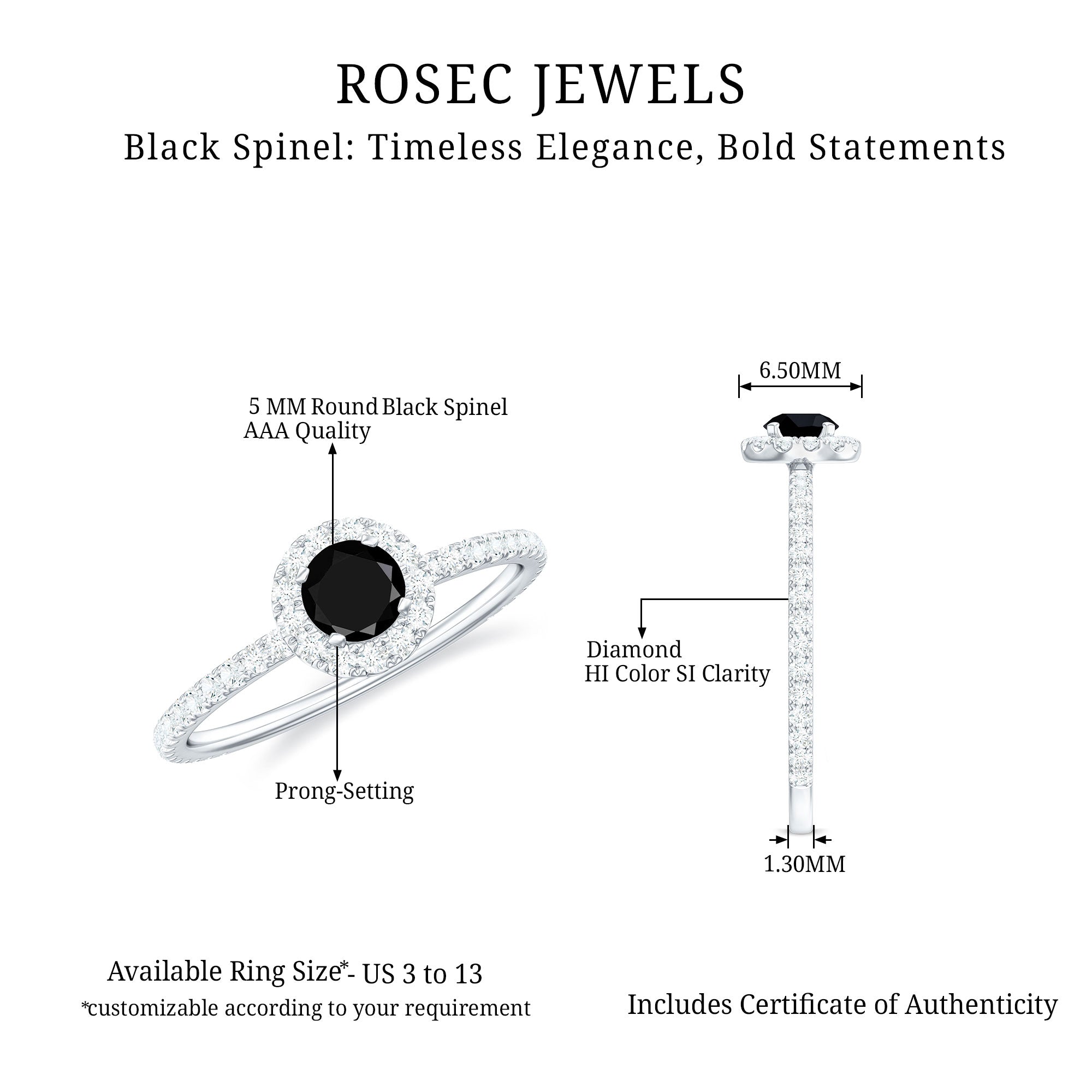Rosec Jewels-Minimal Black Spinel Engagement Ring with Diamond Halo