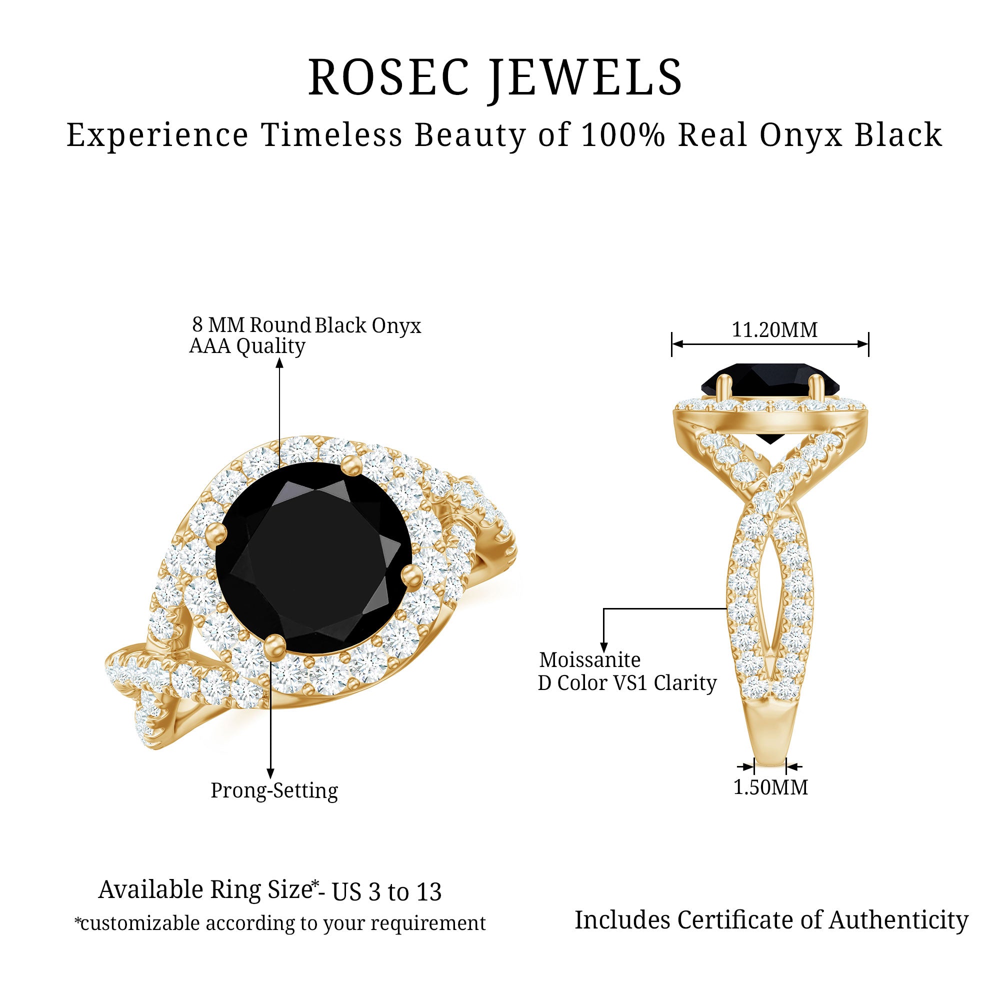Rosec Jewels-Certified 8 MM Black Onyx Crossover Engagement Ring with Moissanite Halo