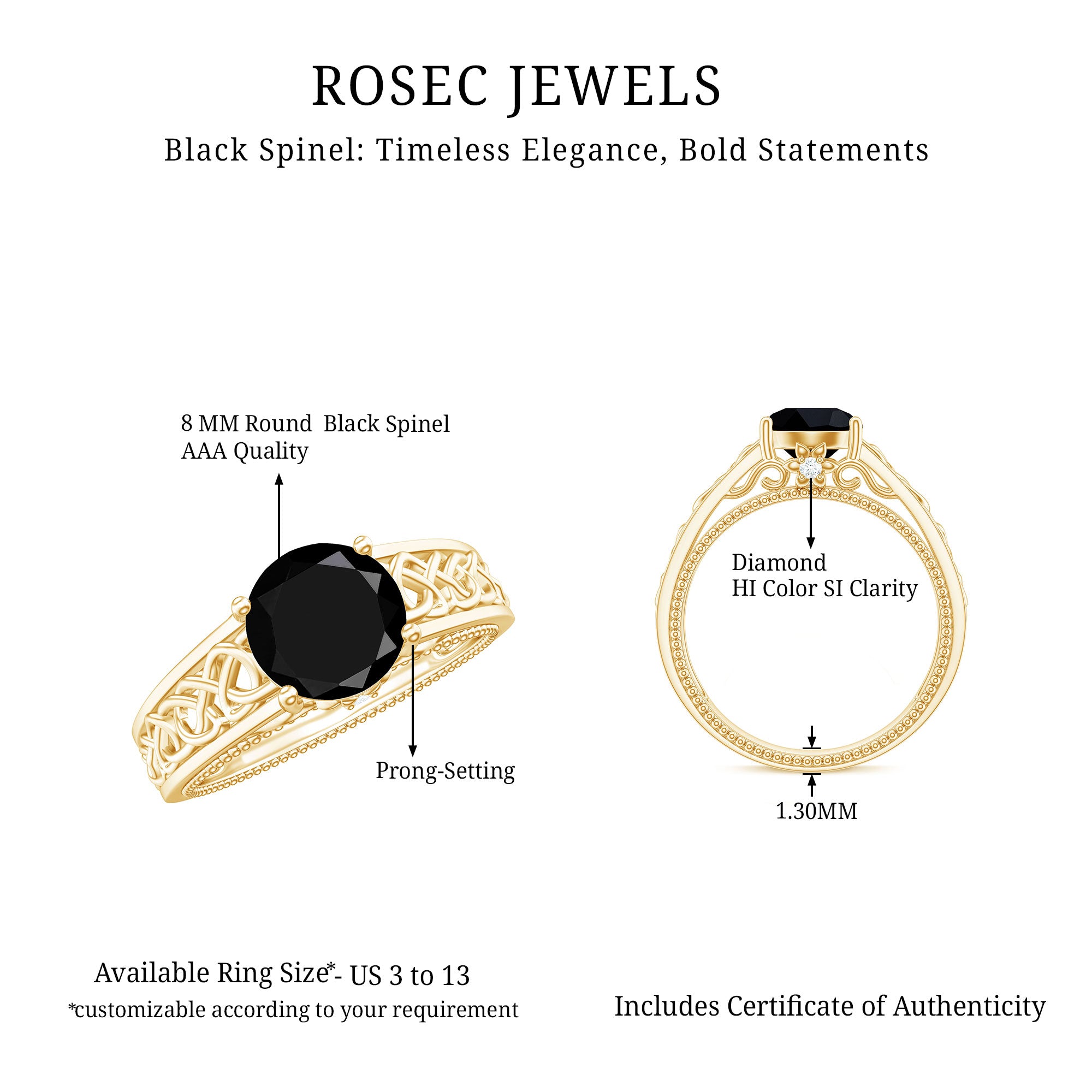 Rosec Jewels-Vintage Style Black Spinel Diamond Engagement Ring with Celtic Knot
