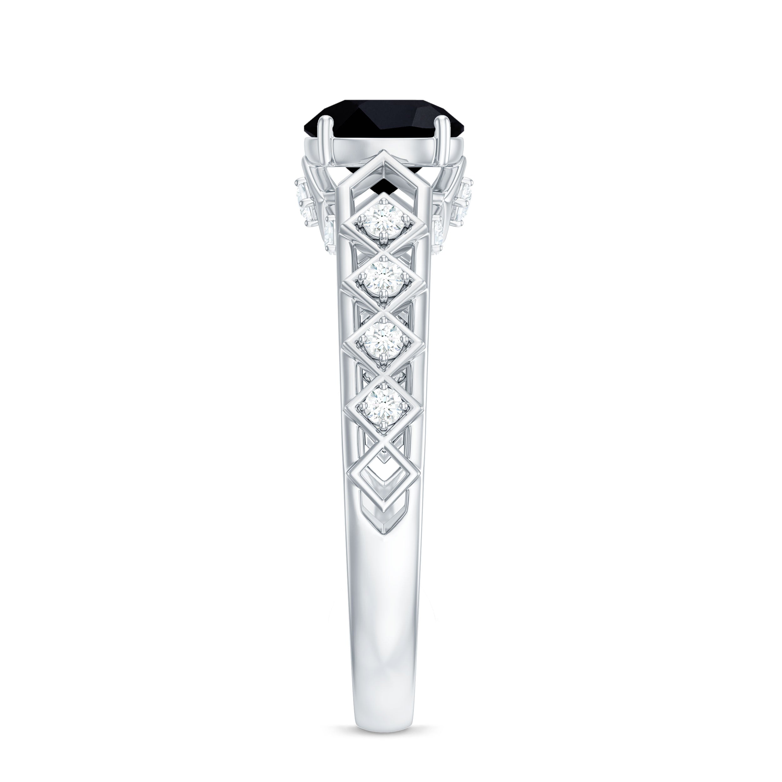 Art Deco Inspired Black Spinel Solitaire Engagement Ring with Diamond AAA - Rosec Jewels