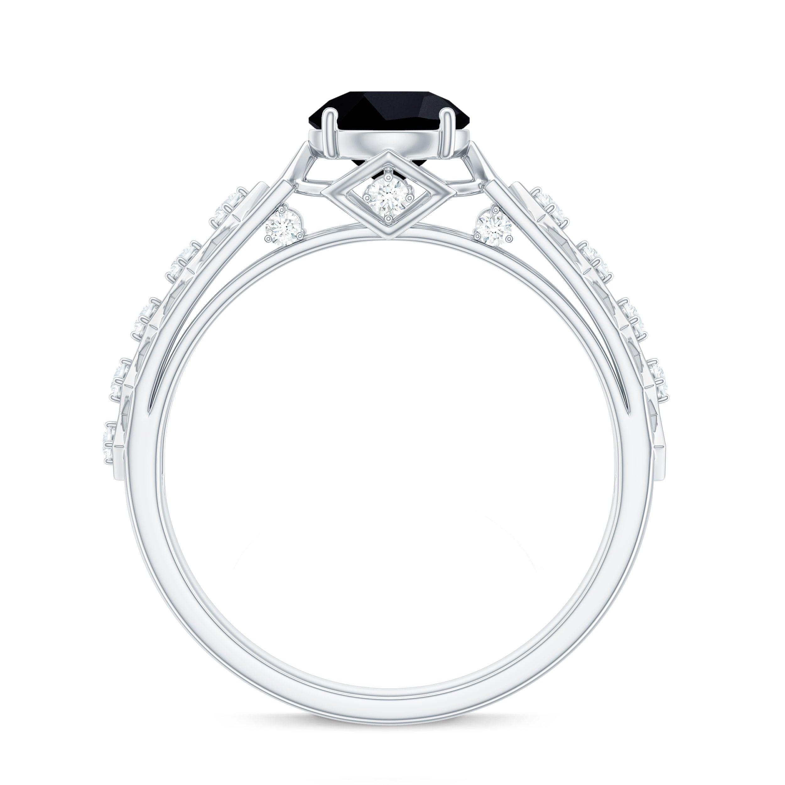 Art Deco Inspired Black Spinel Solitaire Engagement Ring with Diamond AAA - Rosec Jewels