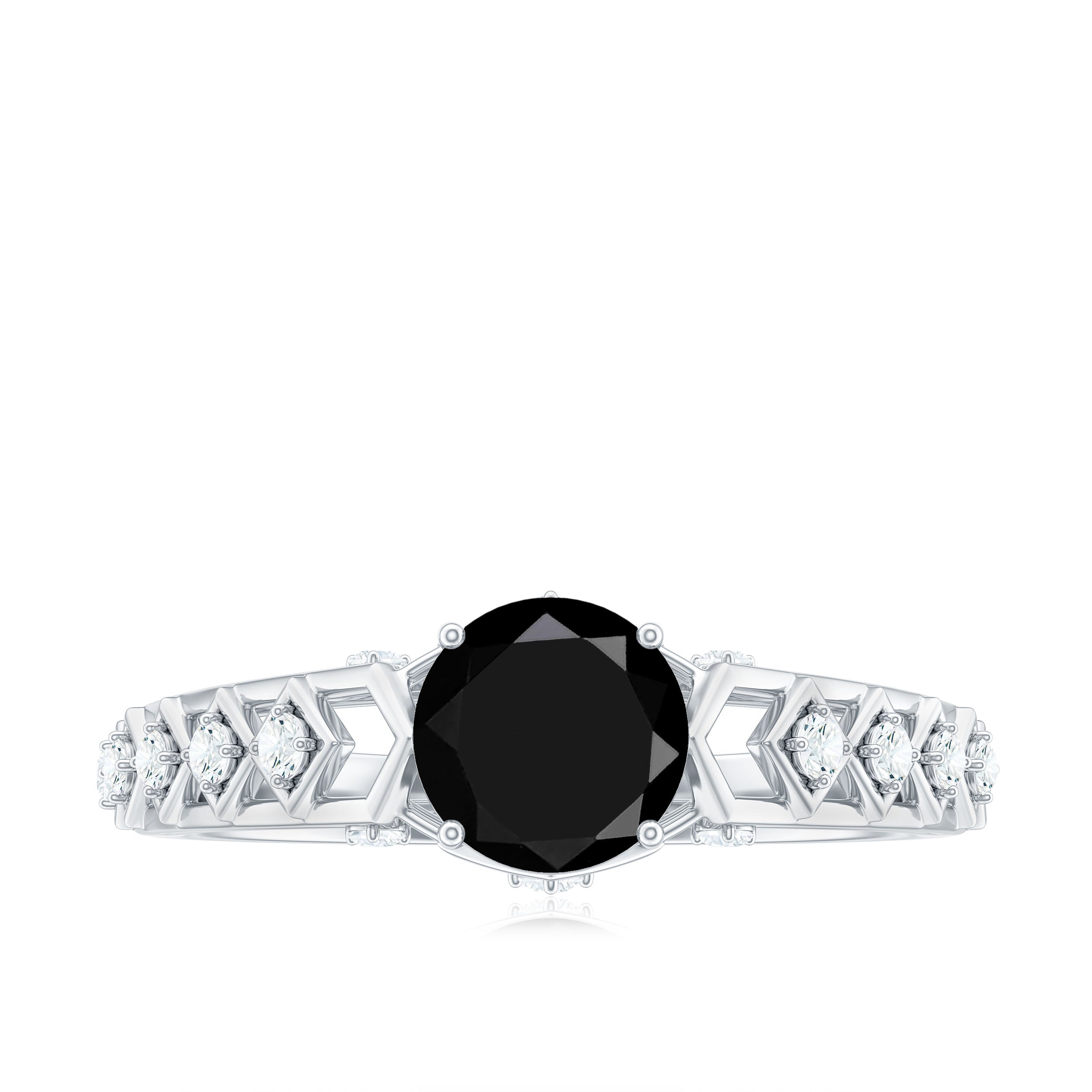 Art Deco Inspired Black Spinel Solitaire Engagement Ring with Diamond AAA - Rosec Jewels