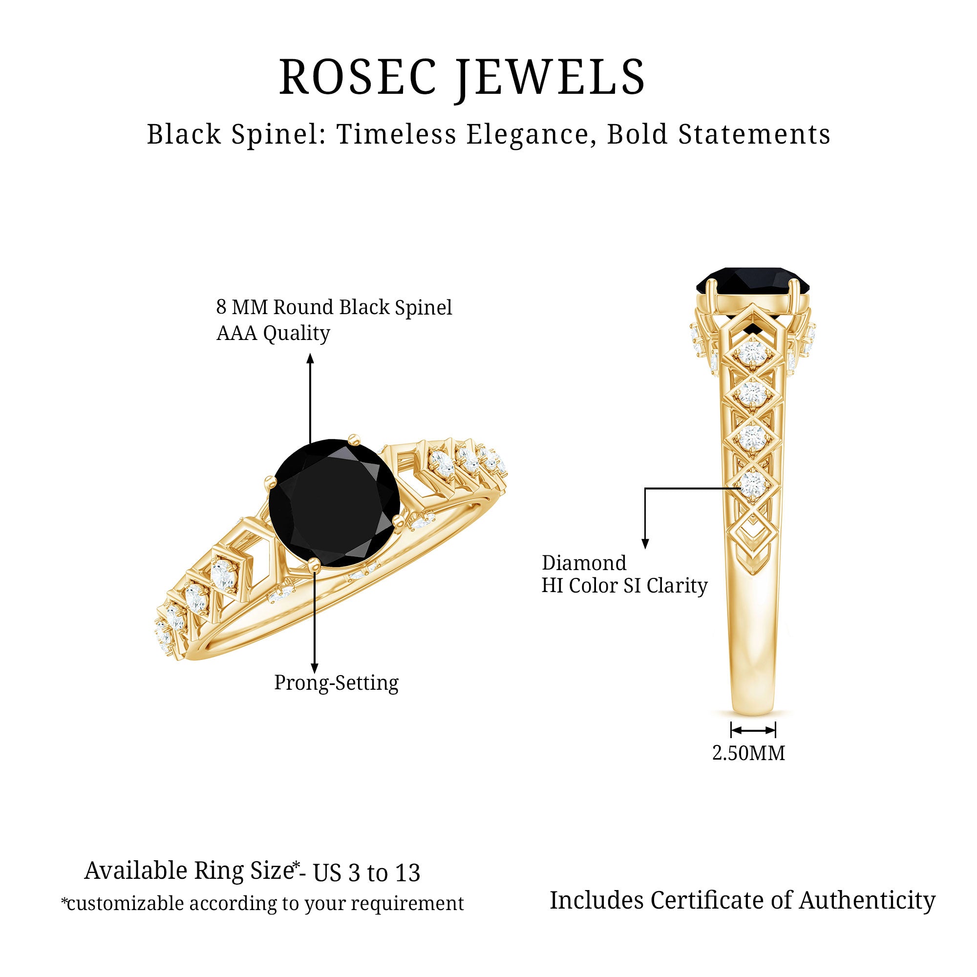 Art Deco Inspired Black Spinel Solitaire Engagement Ring with Diamond AAA - Rosec Jewels