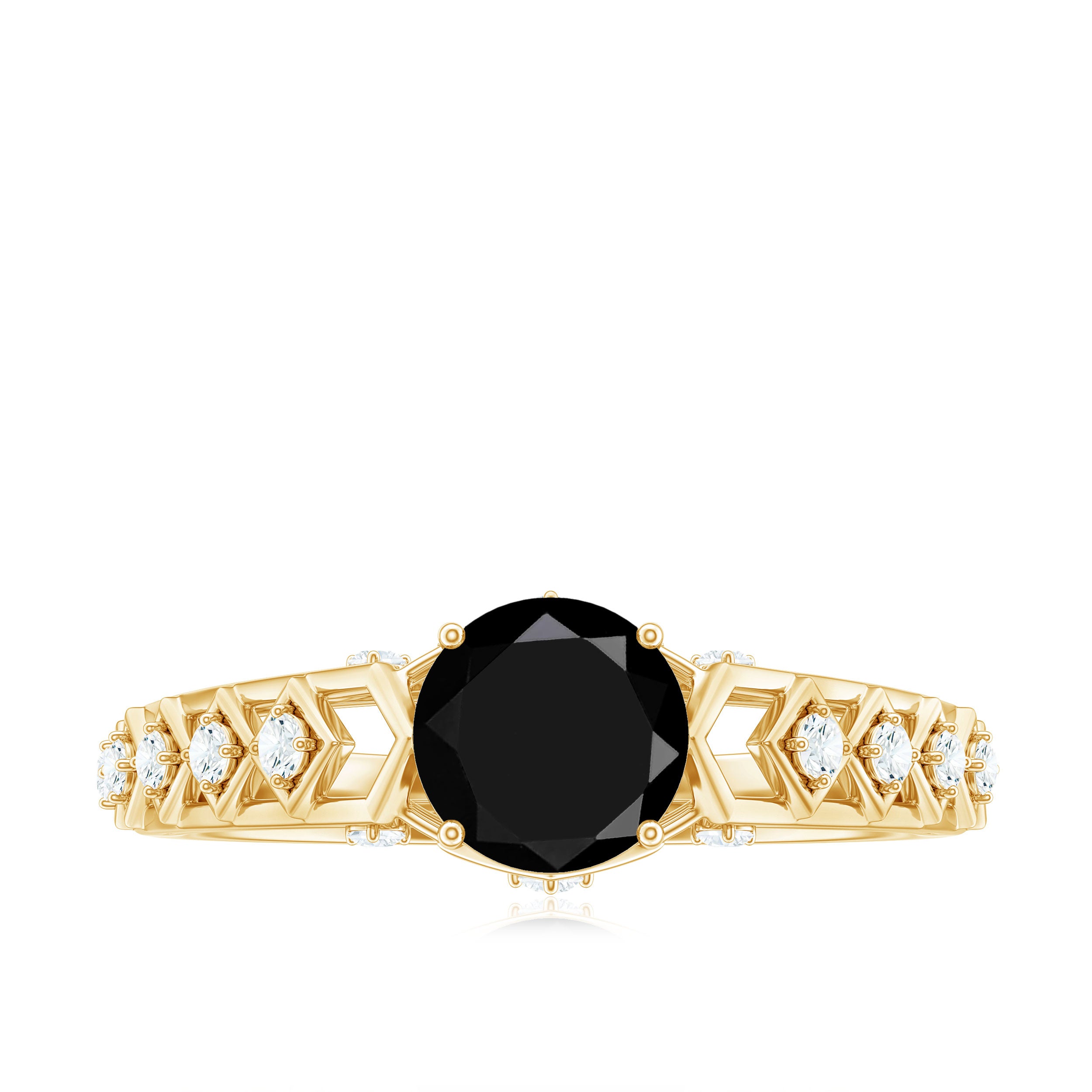 Art Deco Inspired Black Spinel Solitaire Engagement Ring with Diamond AAA - Rosec Jewels