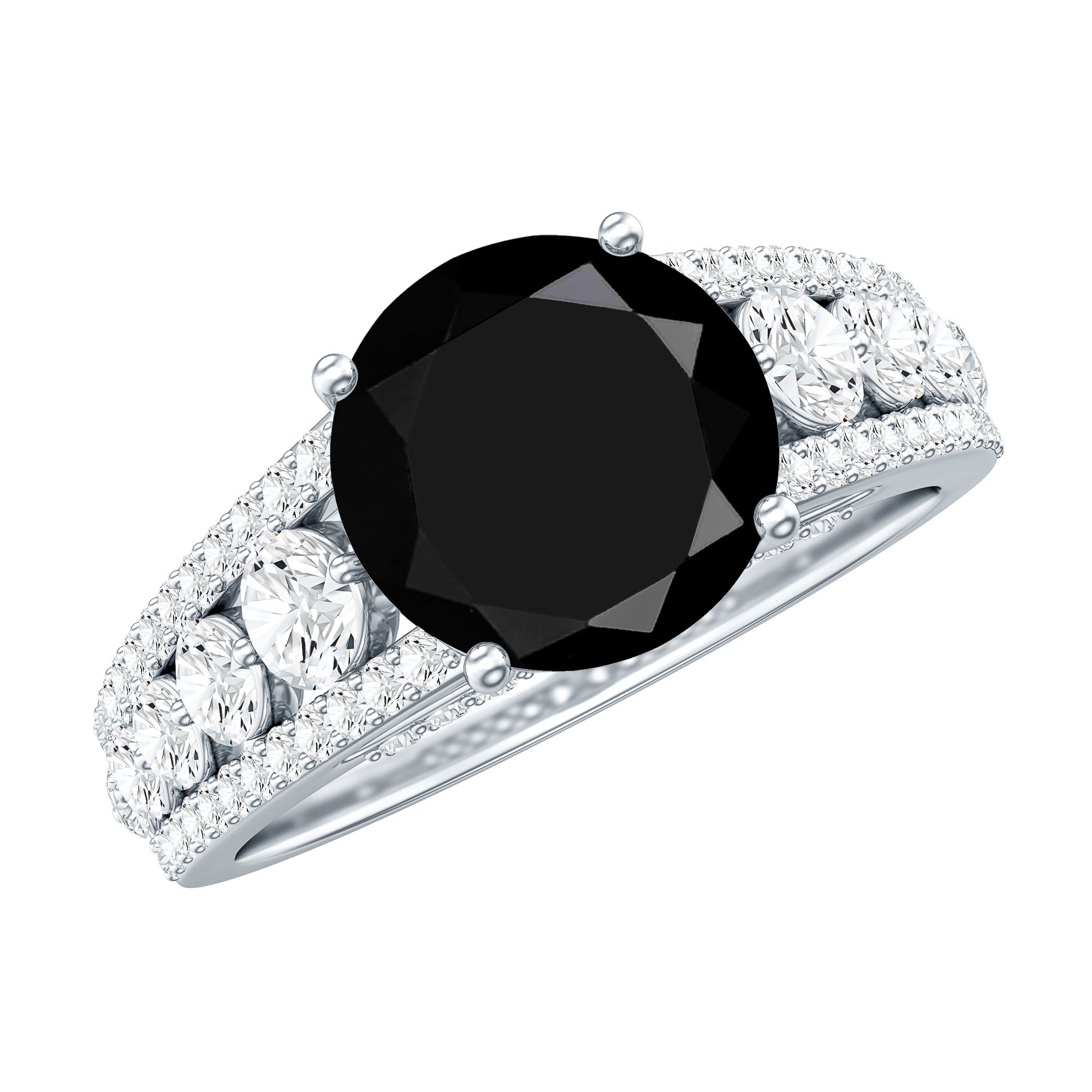 8mm Round Black Onyx Statement Engagement Ring with Moissanite Side Stones AAA - Rosec Jewels