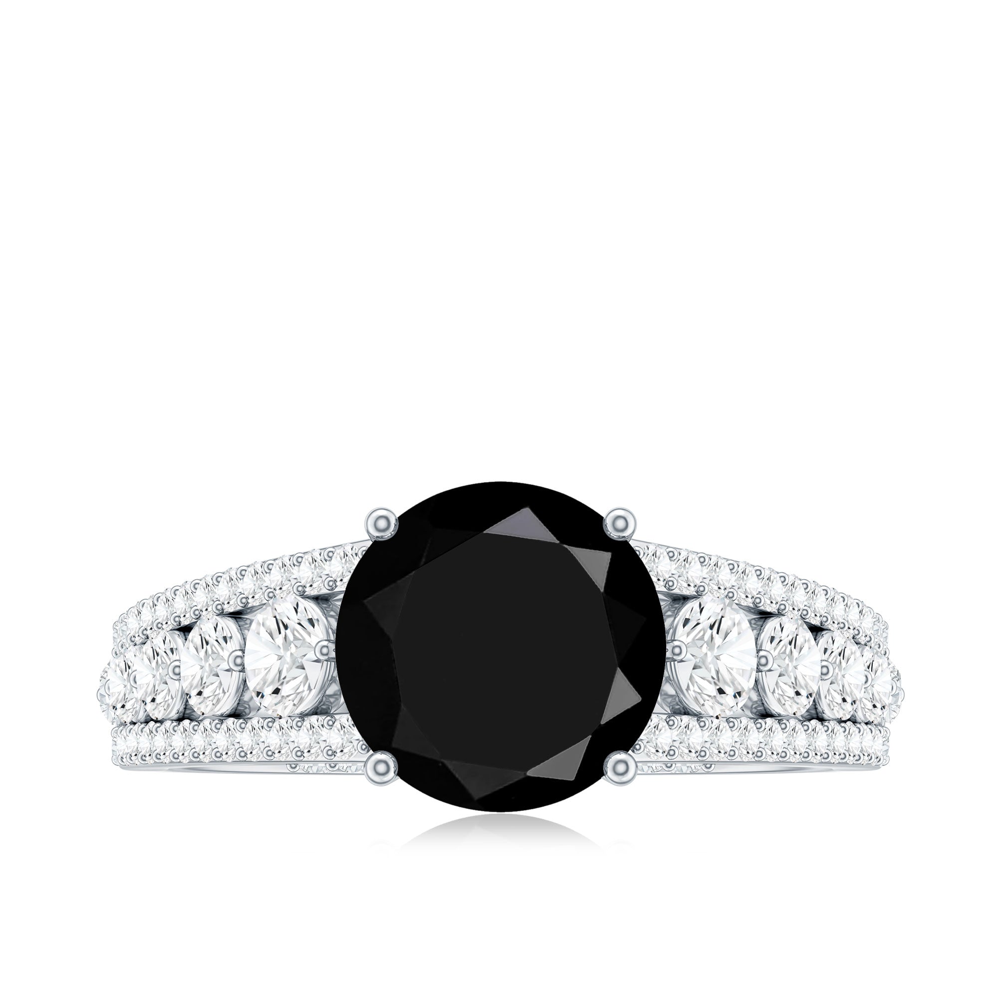 8mm Round Black Onyx Statement Engagement Ring with Moissanite Side Stones AAA - Rosec Jewels