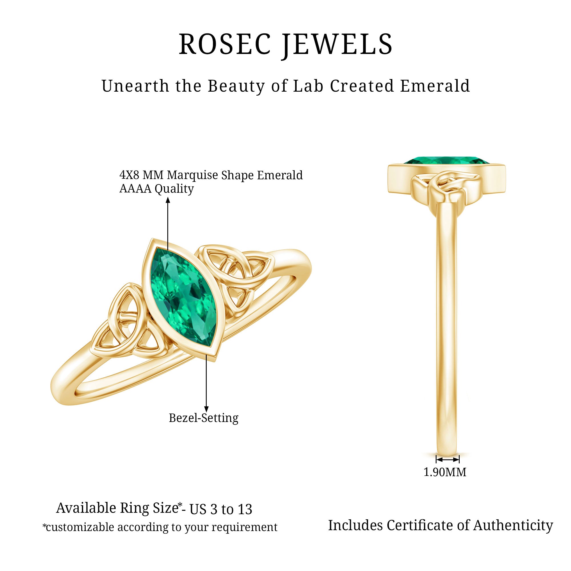 Certified Lab Created Emerald Promise Ring in Yellow Gold Plated Silver AAAA 14K Yellow Gold Plated Silver - Rosec Jewels