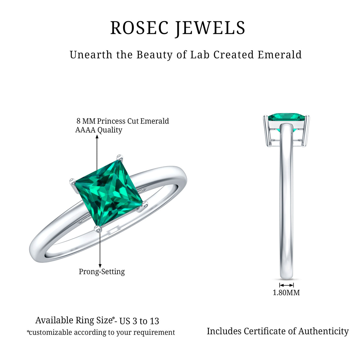 Certified Lab Grown Emerald Princess Cut Engagement Ring AAAA - Rosec Jewels