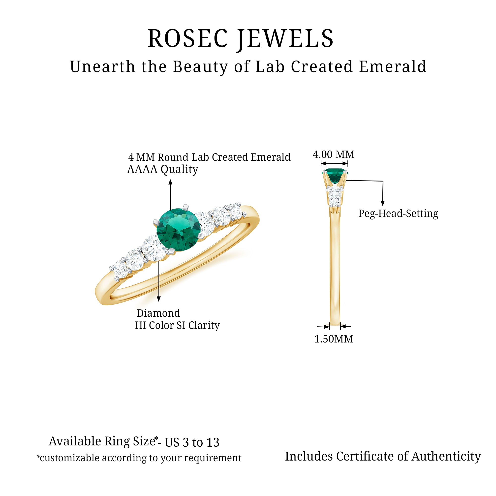 Rosec Jewels-Round Lab Grown Emerald Diamond Promise Ring with Certificate