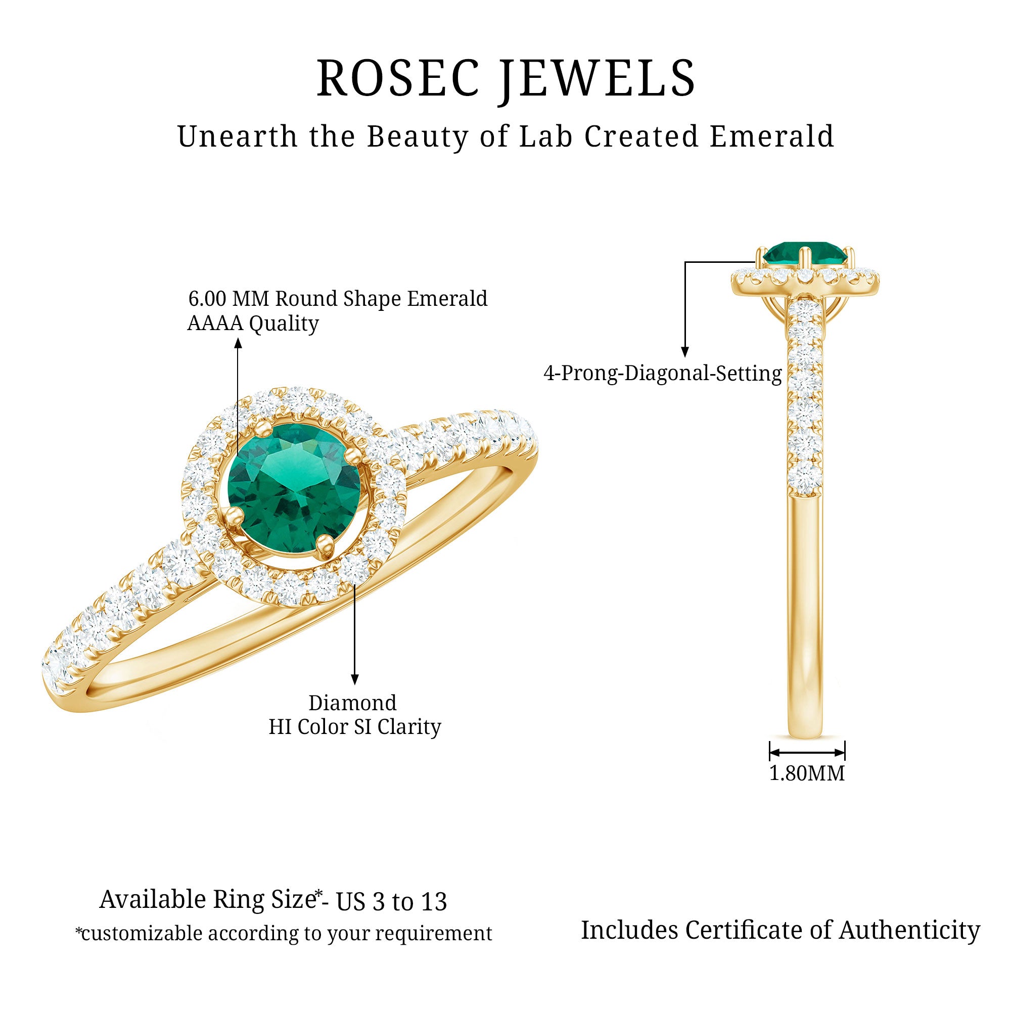 Certified Lab Grown Emerald Diamond Halo Engagement Ring AAAA - Rosec Jewels