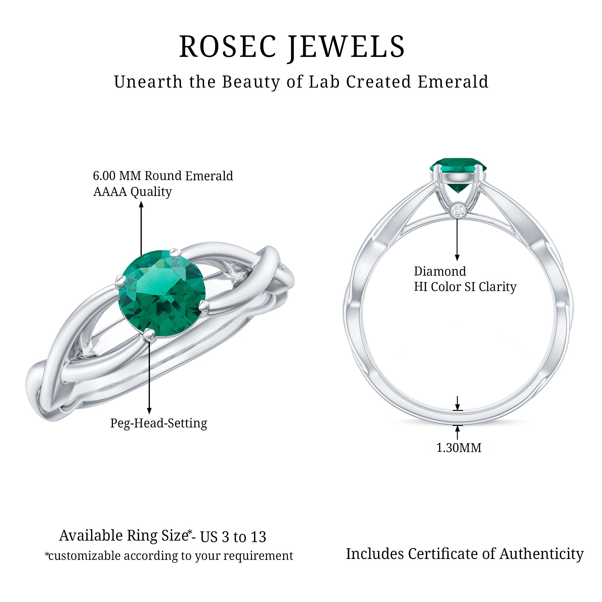 Rosec Jewels-Certified Lab Grown Emerald Crossover Ring with Diamond