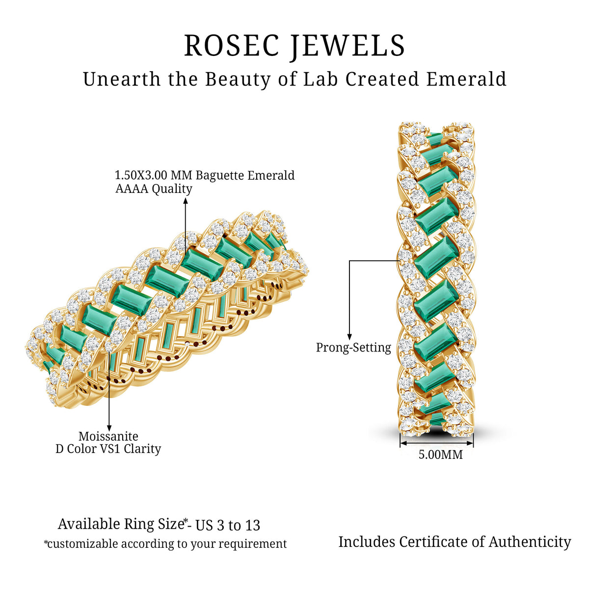Certified Baguette Lab Grown Emerald Braided Wedding Band with Moissanite AAAA - Rosec Jewels
