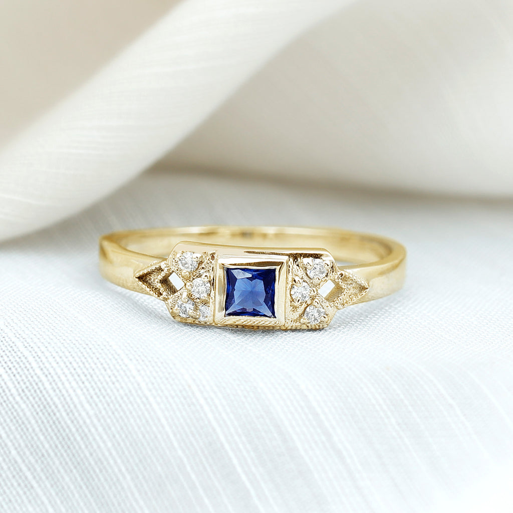 Lab Grown Blue Sapphire Promise Ring with Diamond Lab Created Blue Sapphire - ( AAAA ) - Quality - Rosec Jewels