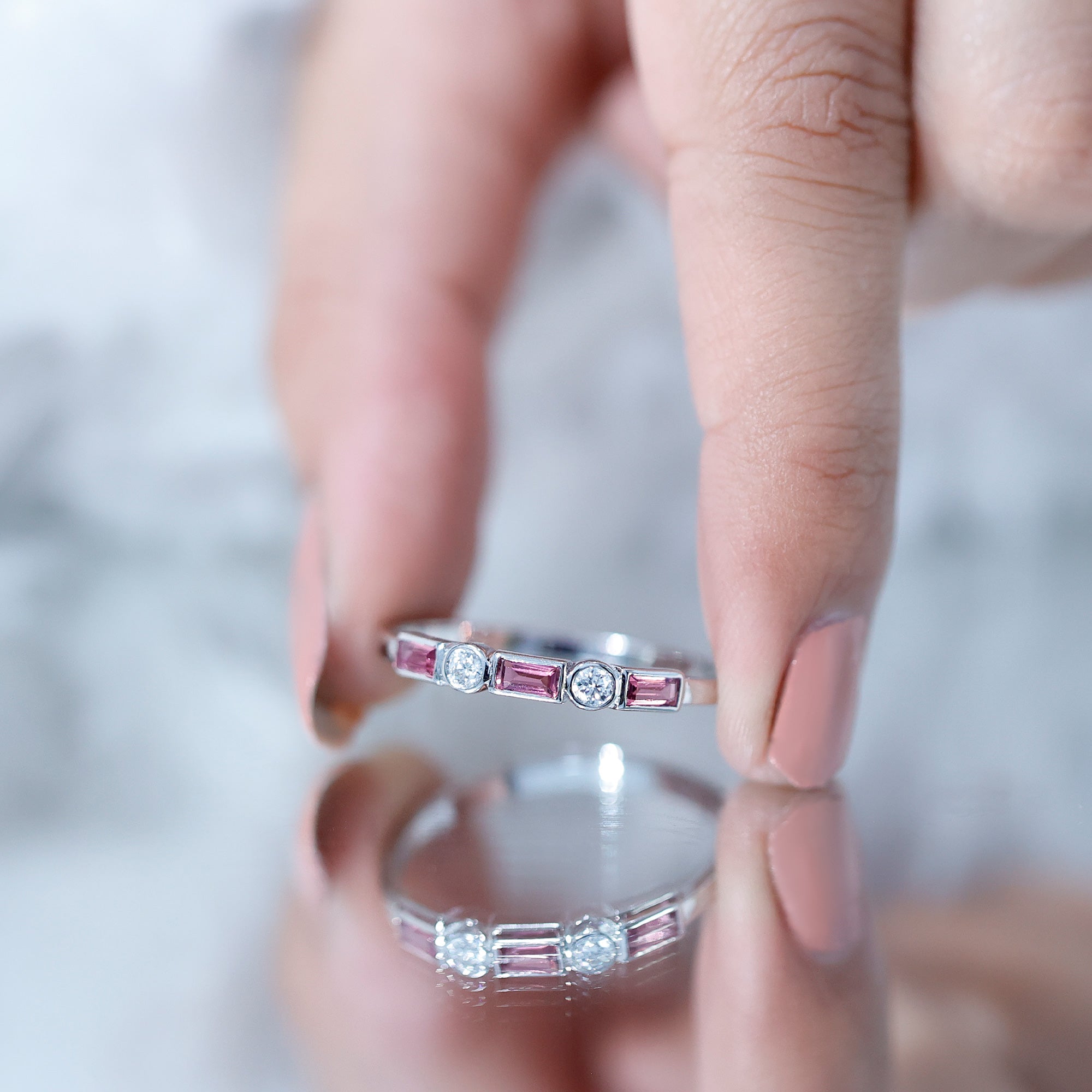 Rosec Jewels-Pink Tourmaline and Diamond Stackable Ring in Bezel Setting