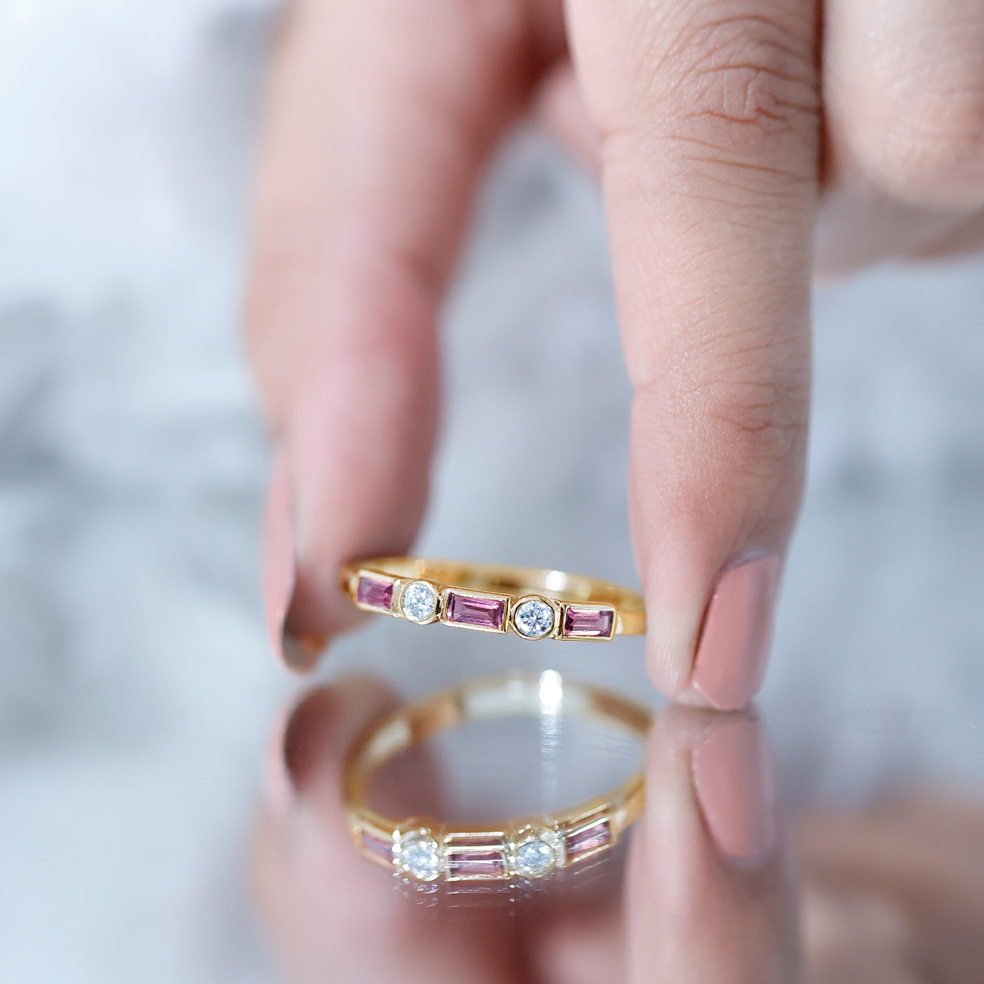 Rosec Jewels-Pink Tourmaline and Diamond Stackable Ring in Bezel Setting