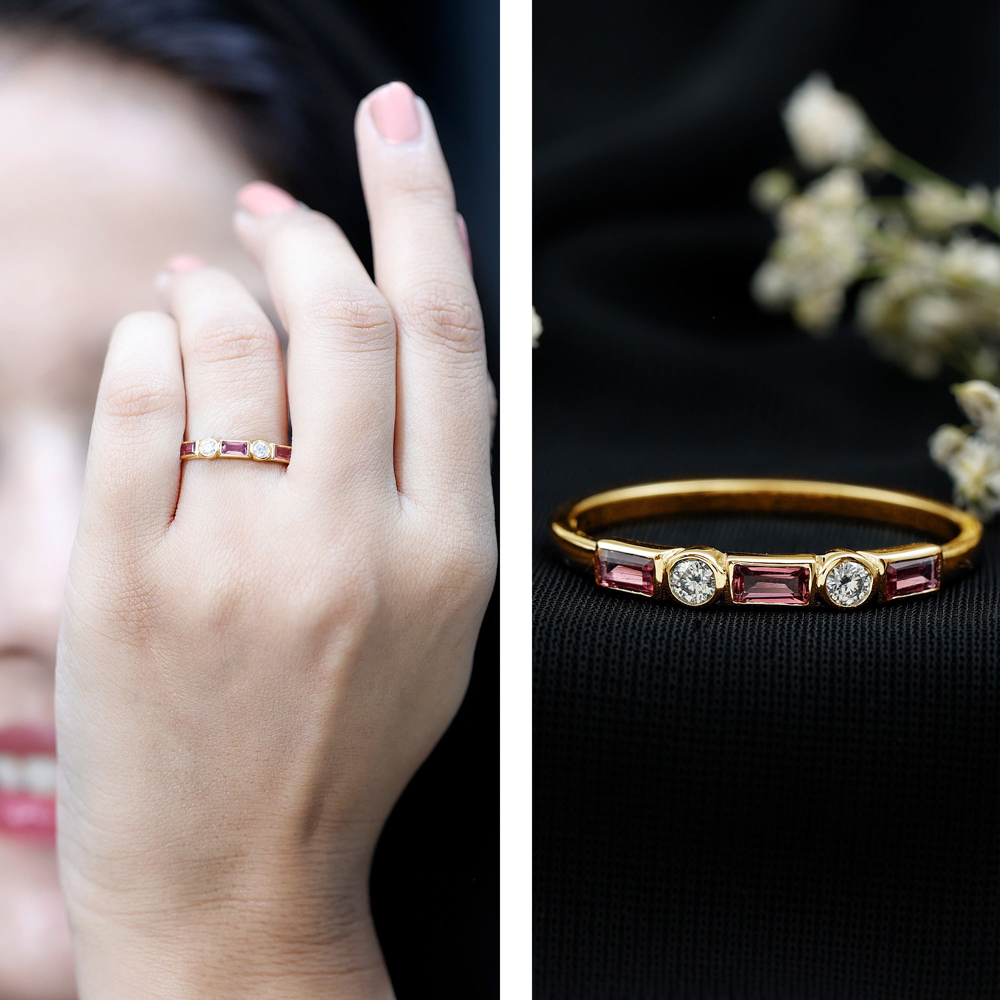 Rosec Jewels-Pink Tourmaline and Diamond Stackable Ring in Bezel Setting