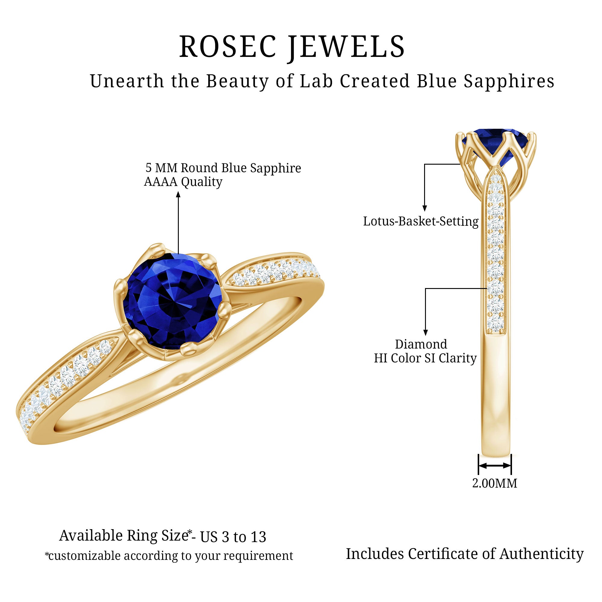 Certified Lab Created Blue Sapphire Minimal Engagement Ring with Diamond Side Stones AAAA - Rosec Jewels