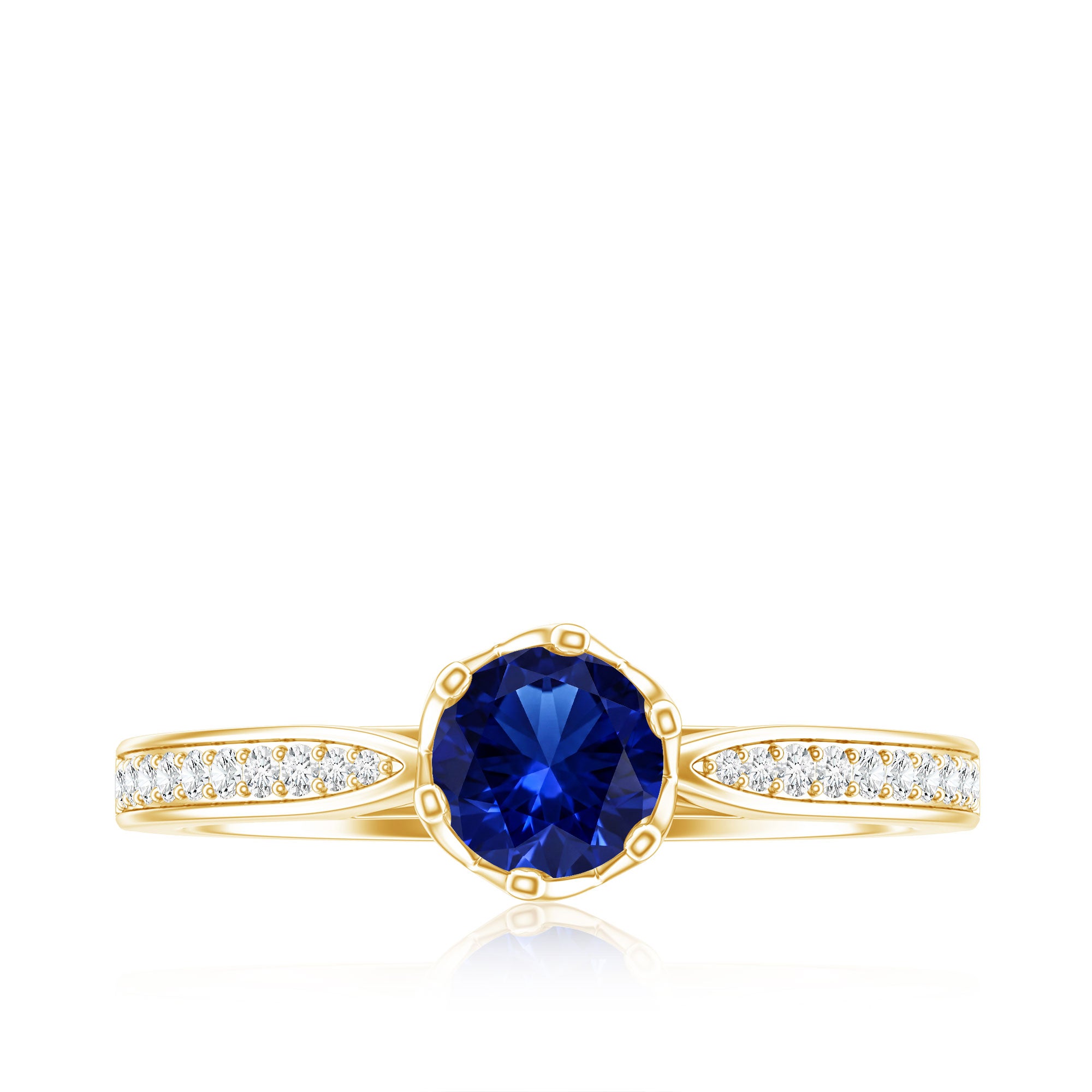 Certified Lab Created Blue Sapphire Minimal Engagement Ring with Diamond Side Stones AAAA - Rosec Jewels