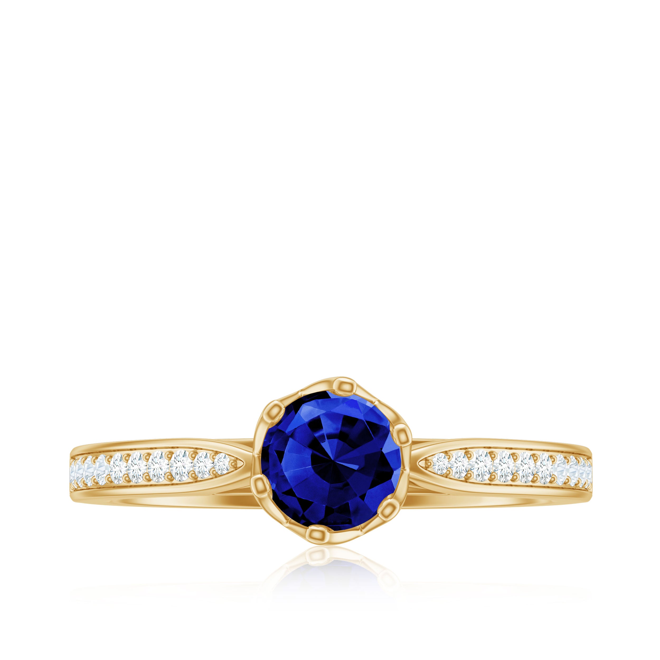 Certified Lab Created Blue Sapphire Minimal Engagement Ring with Diamond Side Stones AAAA - Rosec Jewels