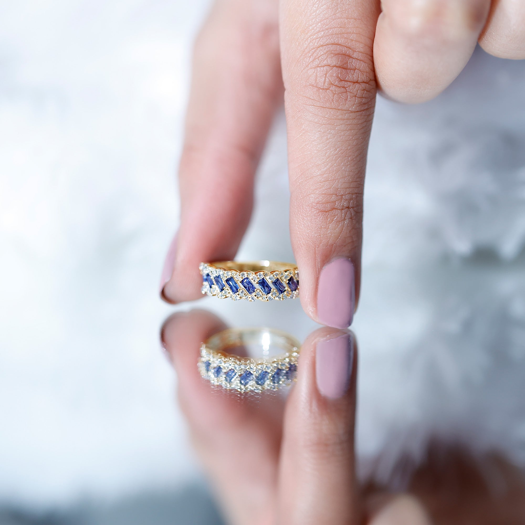 Certified Baguette Lab Grown Blue Sapphire Half Eternity Band with Diamond AAAA - Rosec Jewels