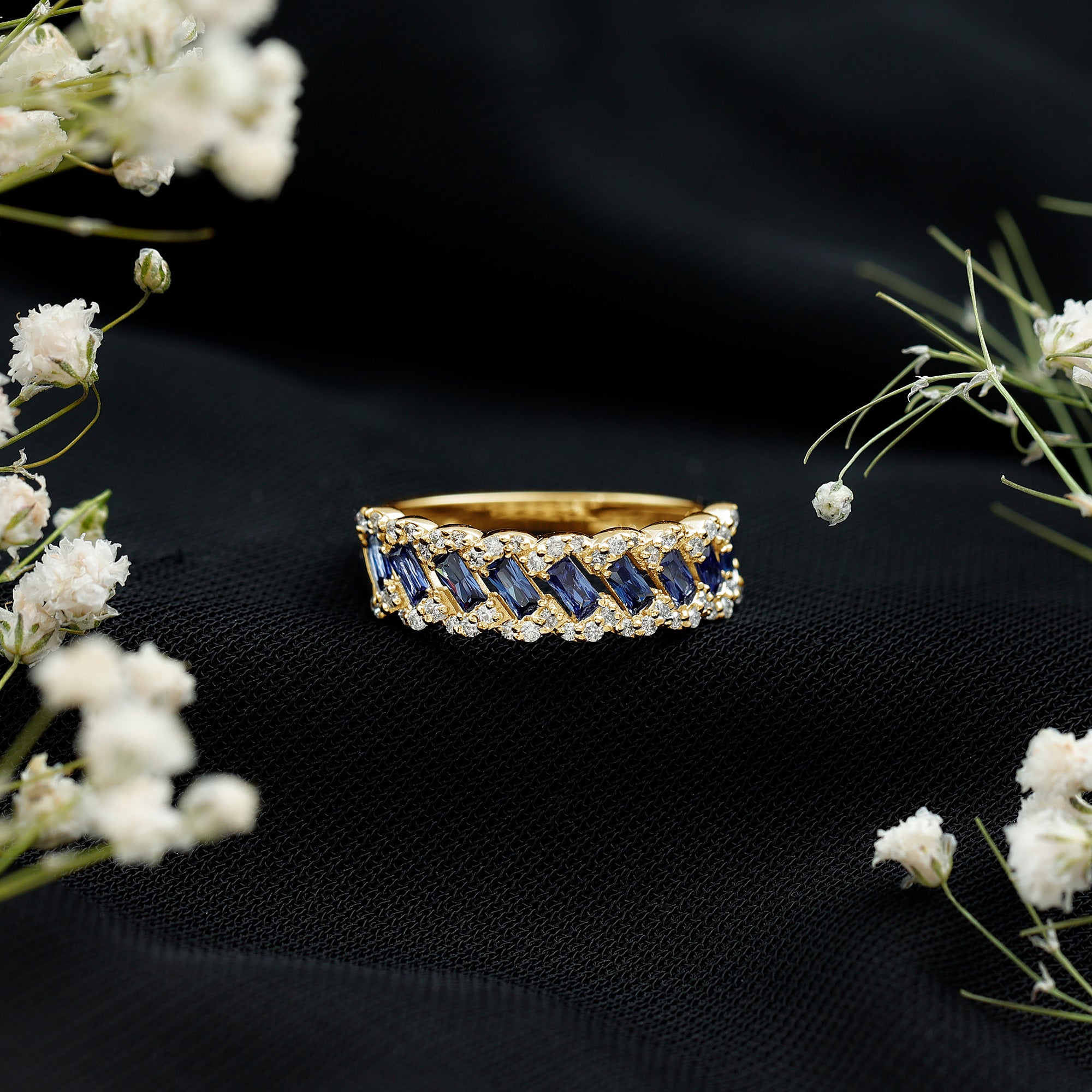 Certified Baguette Lab Grown Blue Sapphire Half Eternity Band with Diamond AAAA - Rosec Jewels