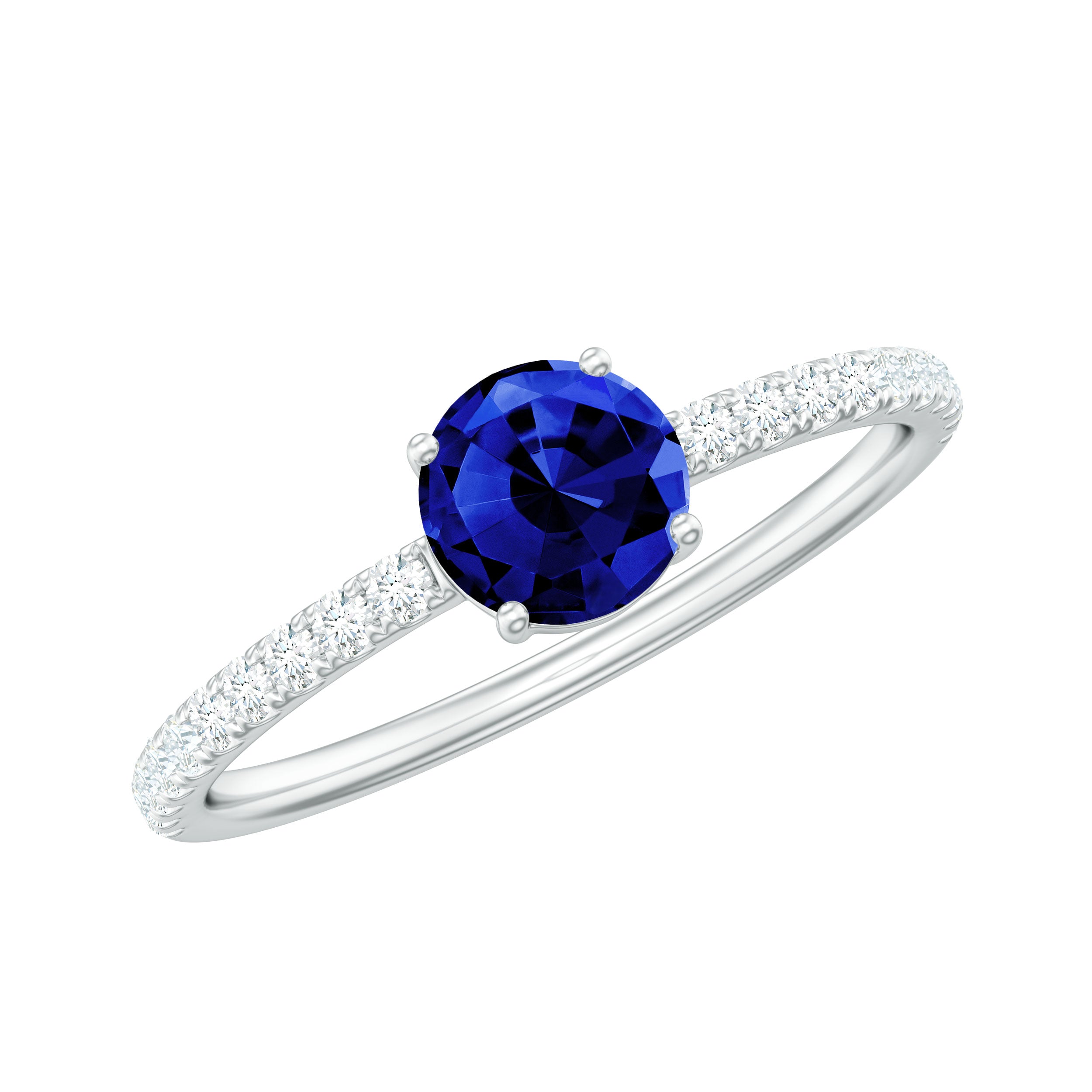 5mm Lab Created Blue Sapphire Promise Ring with Diamond Side Stones AAAA - Rosec Jewels
