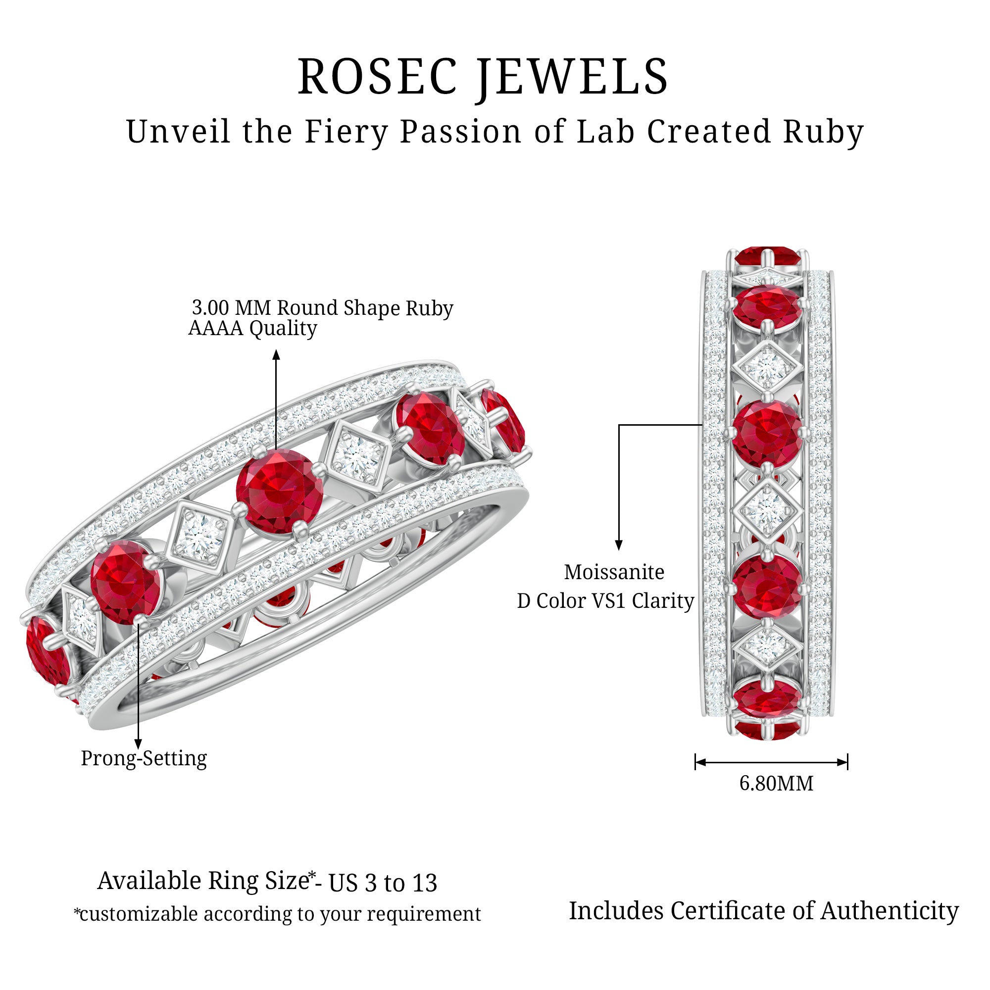 Rosec Jewels-Lab Grown Ruby Vintage Wedding Band Ring With Moissanite