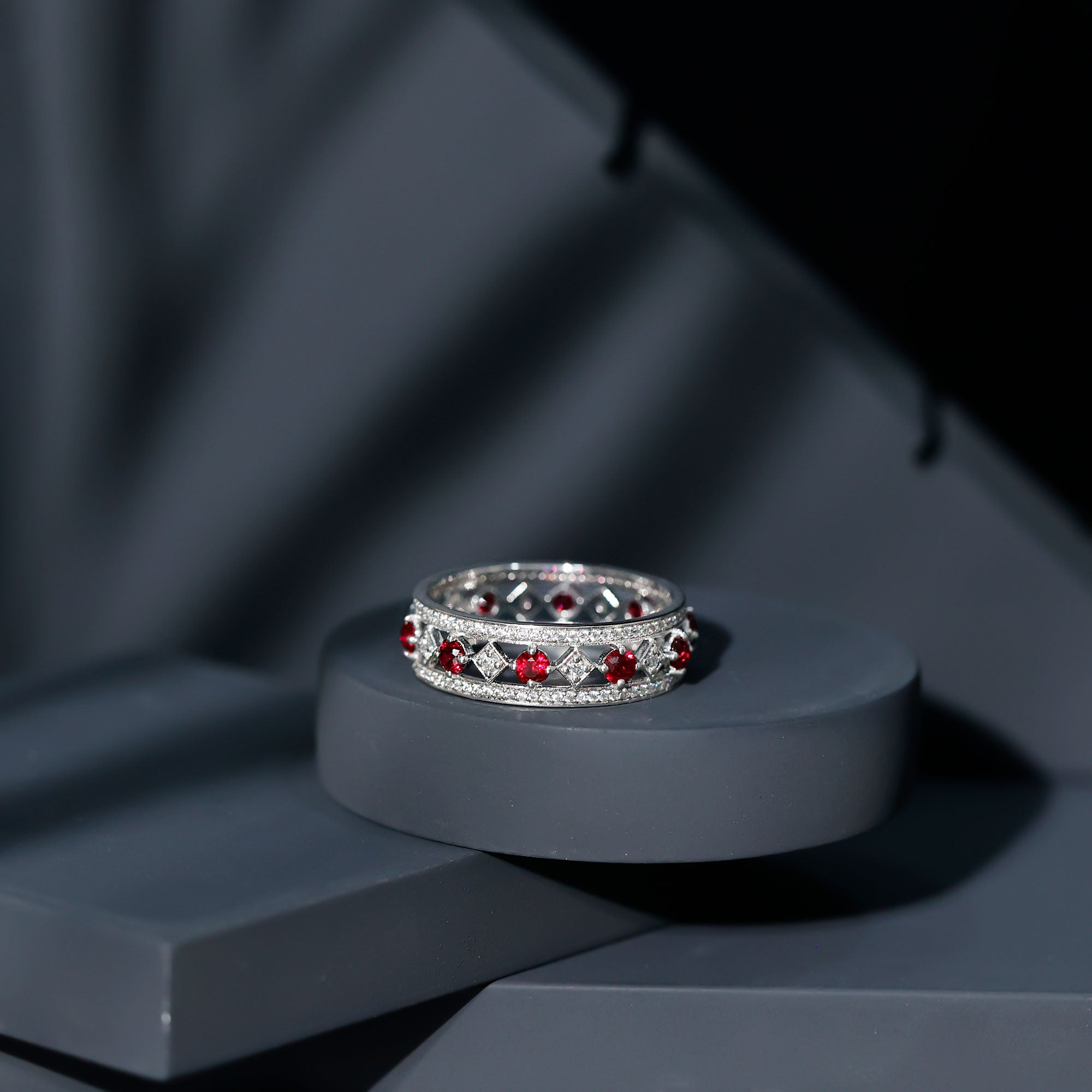 Rosec Jewels-Lab Grown Ruby Vintage Wedding Band Ring With Moissanite