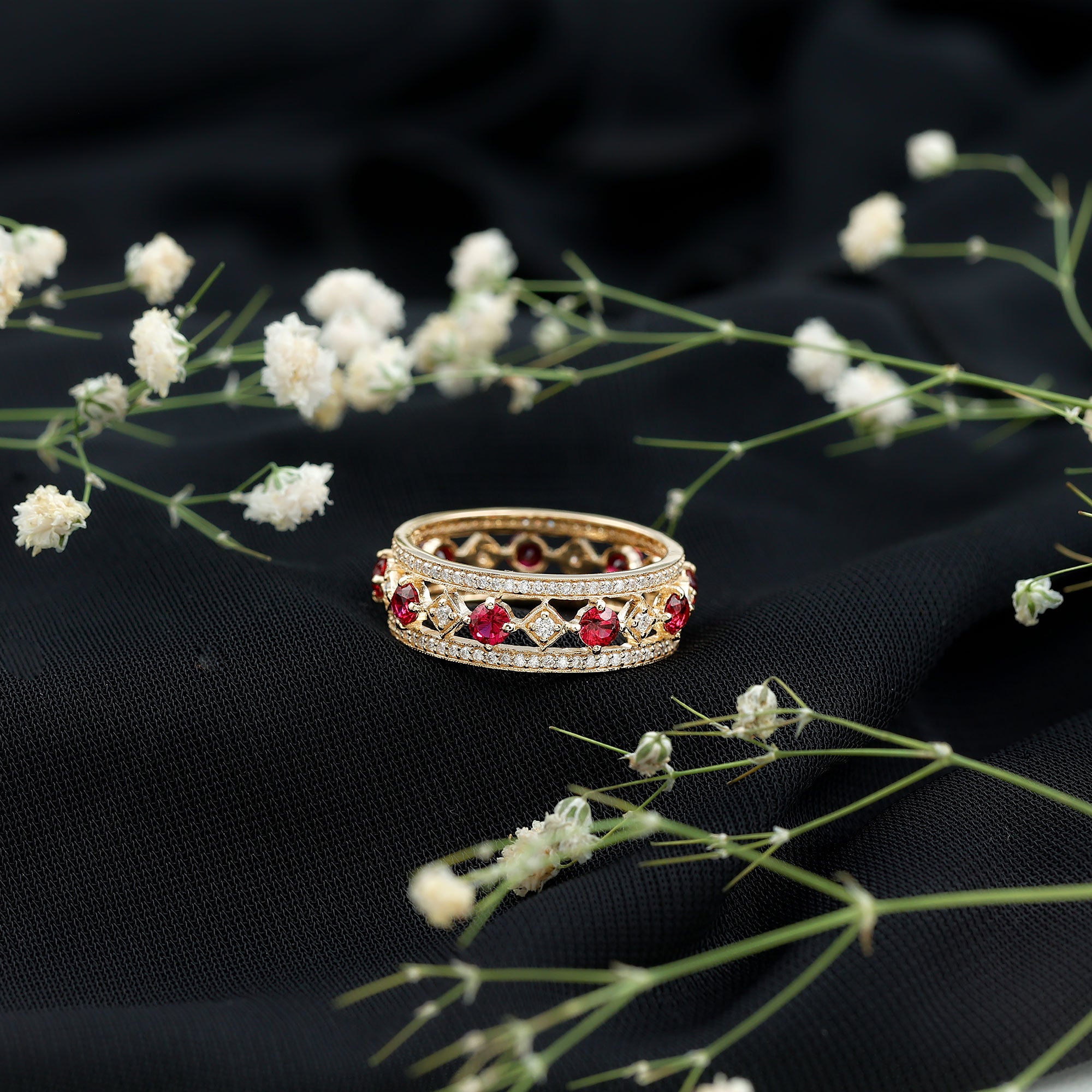 Rosec Jewels-Lab Grown Ruby Vintage Wedding Band Ring With Moissanite