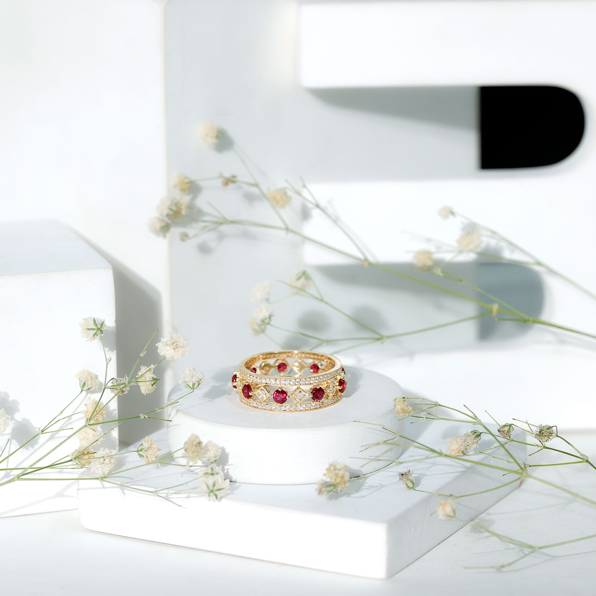 Rosec Jewels-Lab Grown Ruby Vintage Wedding Band Ring With Moissanite