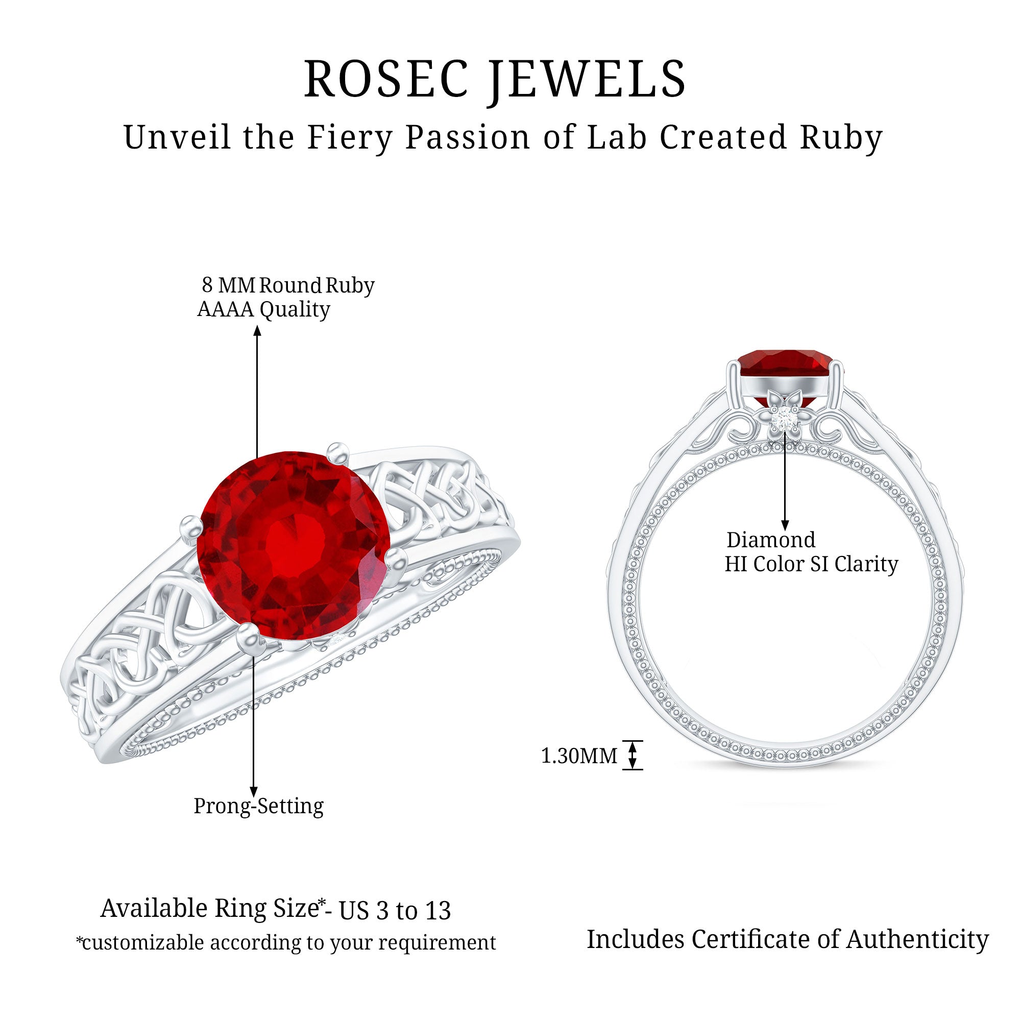 Rosec Jewels-Vintage Style Created Ruby Celtic Knot Band Ring with Surprise Diamond
