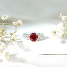 Rosec Jewels-Vintage Style Created Ruby Celtic Knot Band Ring with Surprise Diamond