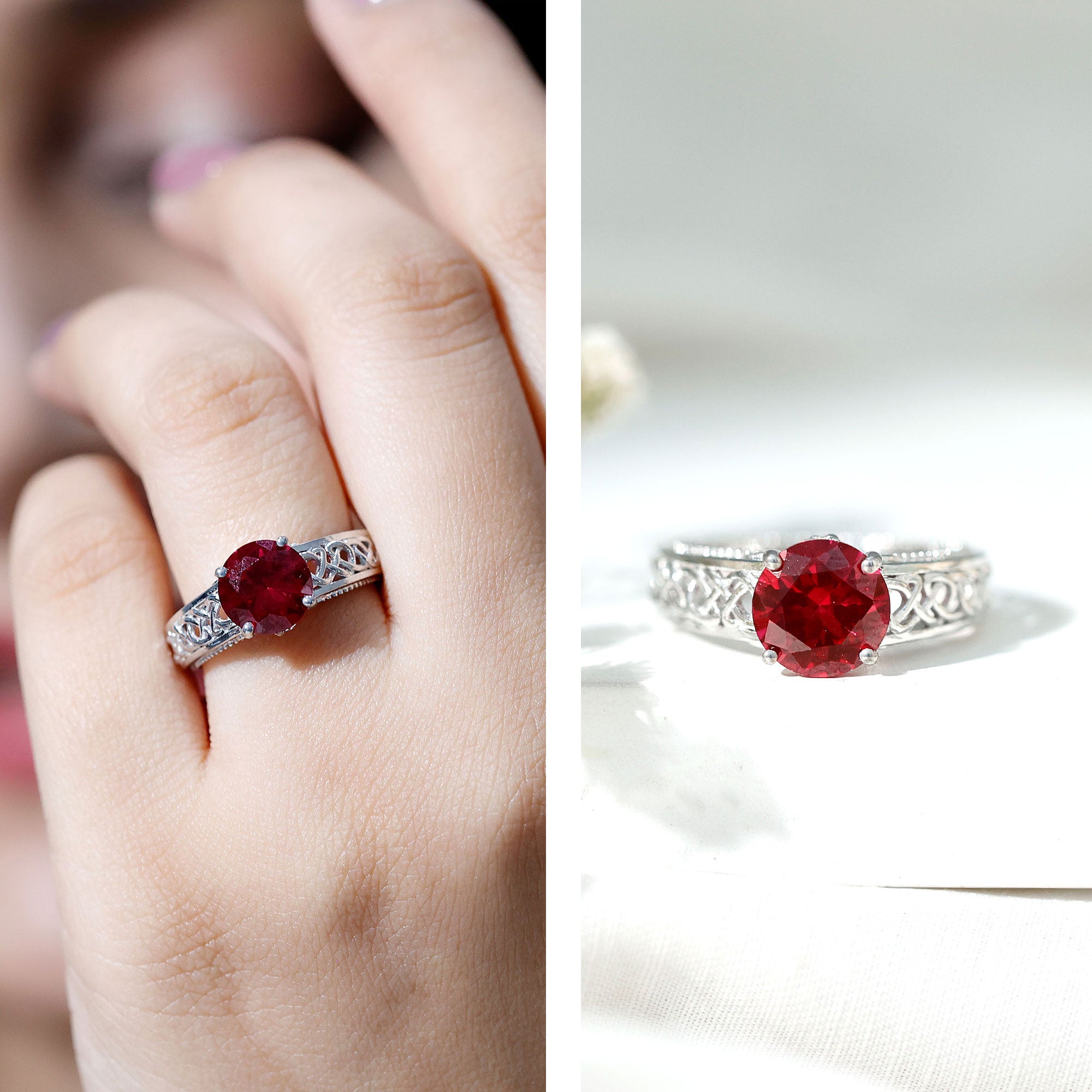 Rosec Jewels-Vintage Style Created Ruby Celtic Knot Band Ring with Surprise Diamond