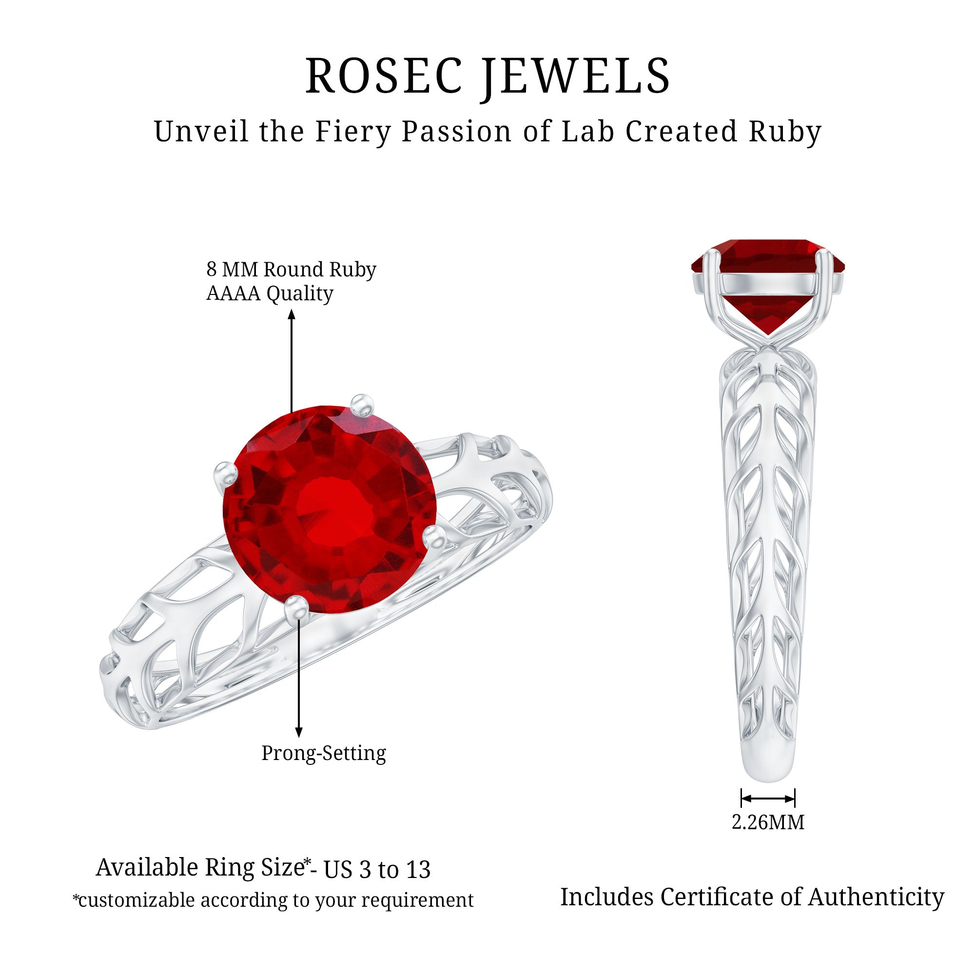 Rosec Jewels-7 MM Lab Created Ruby Solitaire Gold Filigree Ring