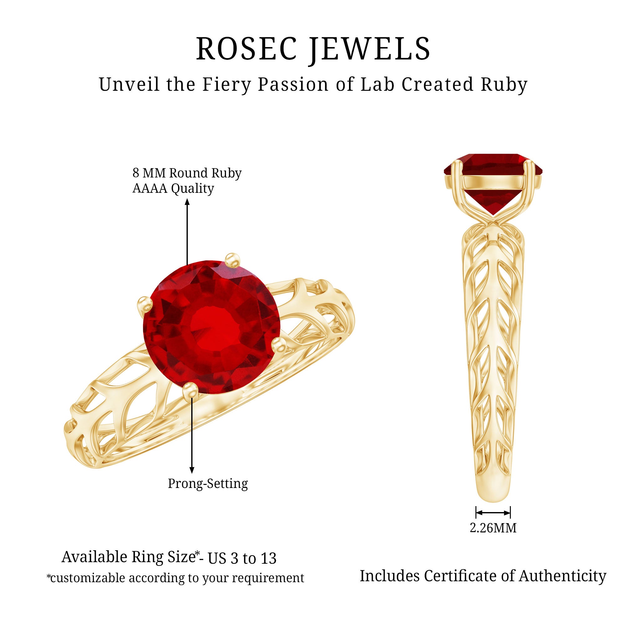 Rosec Jewels-7 MM Lab Created Ruby Solitaire Gold Filigree Ring