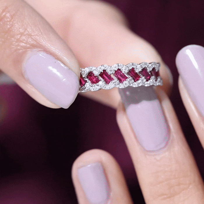 Rosec Jewels-Baguette Created Ruby Braided Eternity Band Ring with Diamond