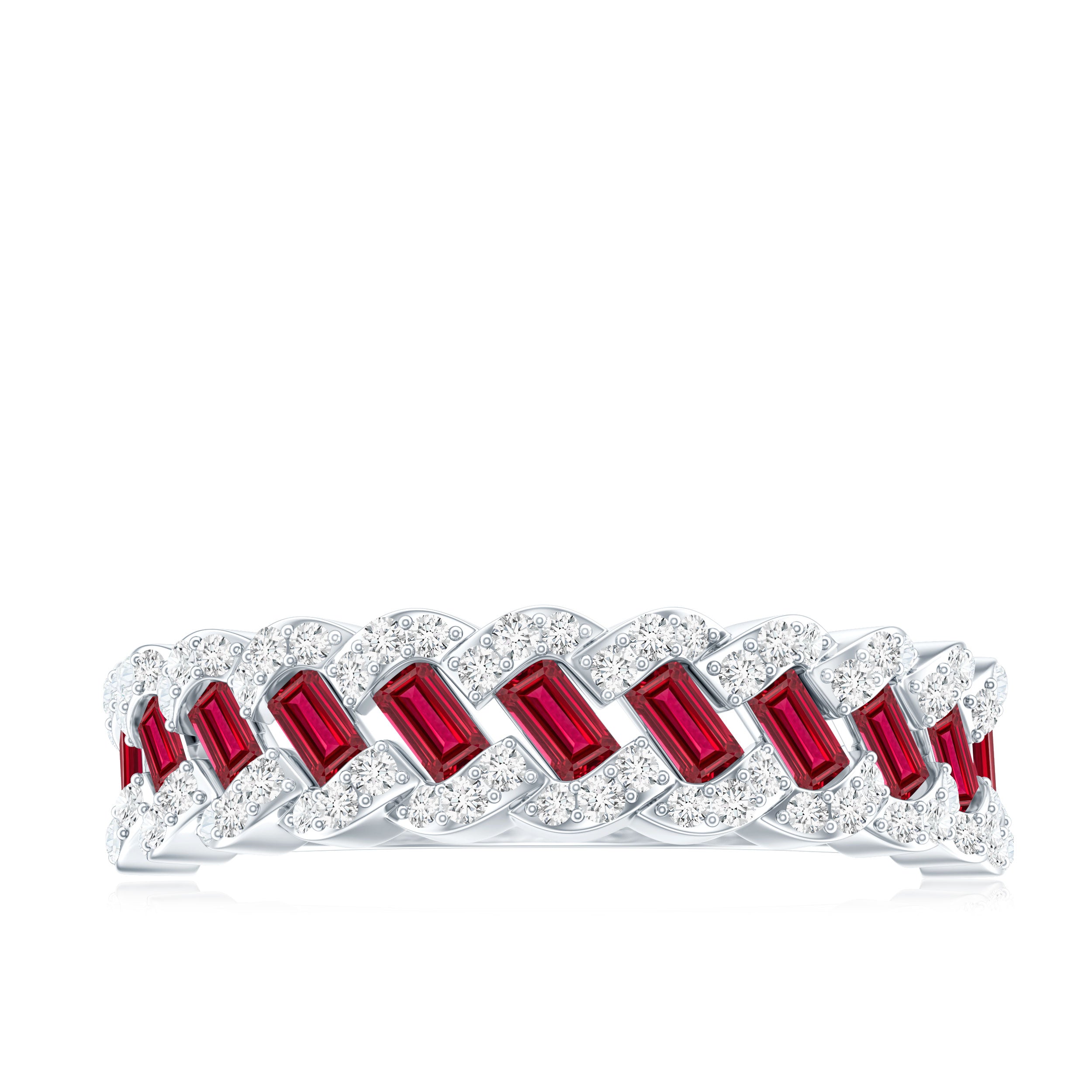 Rosec Jewels-Baguette Created Ruby Braided Eternity Band Ring with Diamond