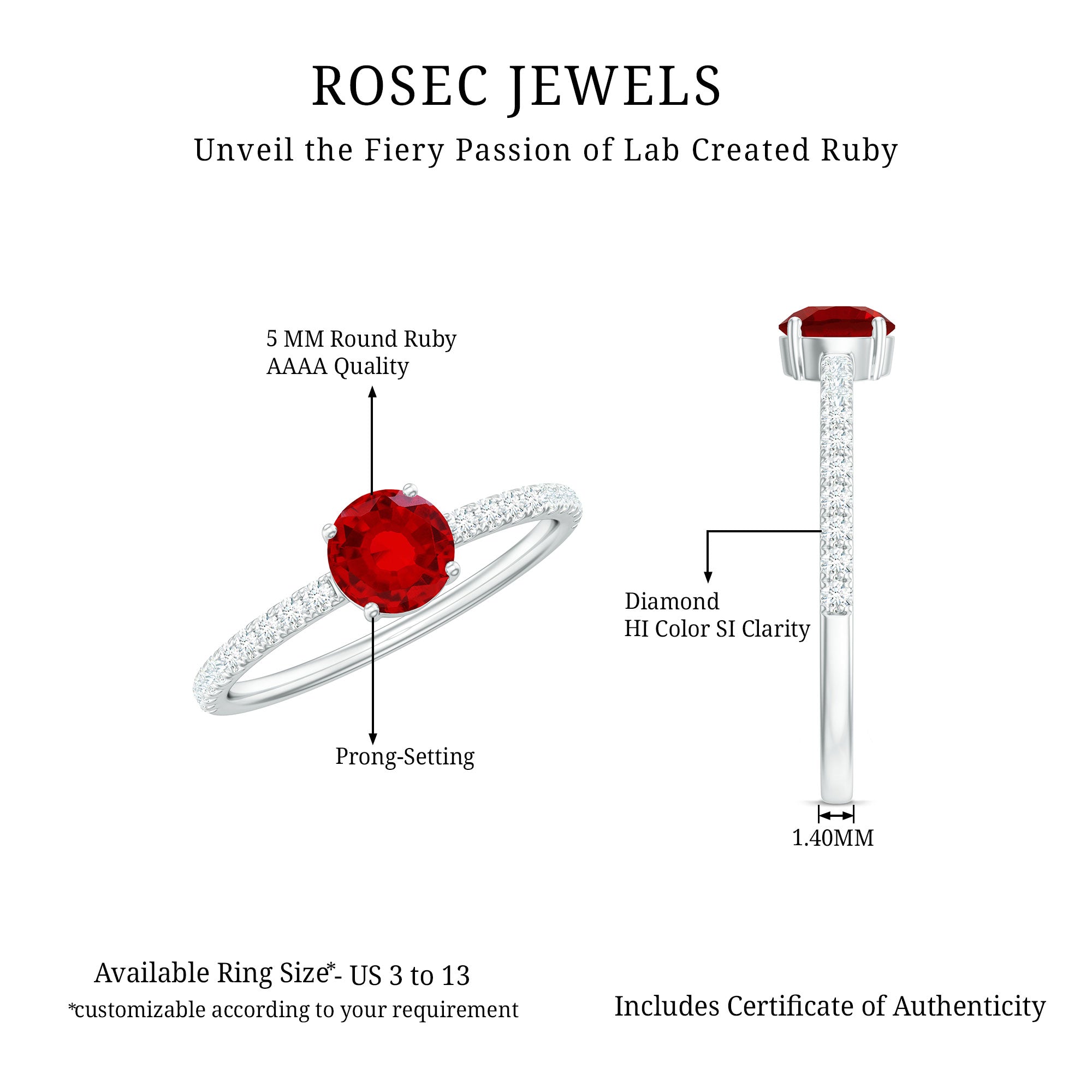 Rosec Jewels-Round Lab Created Ruby Solitaire Promise Ring with Diamond