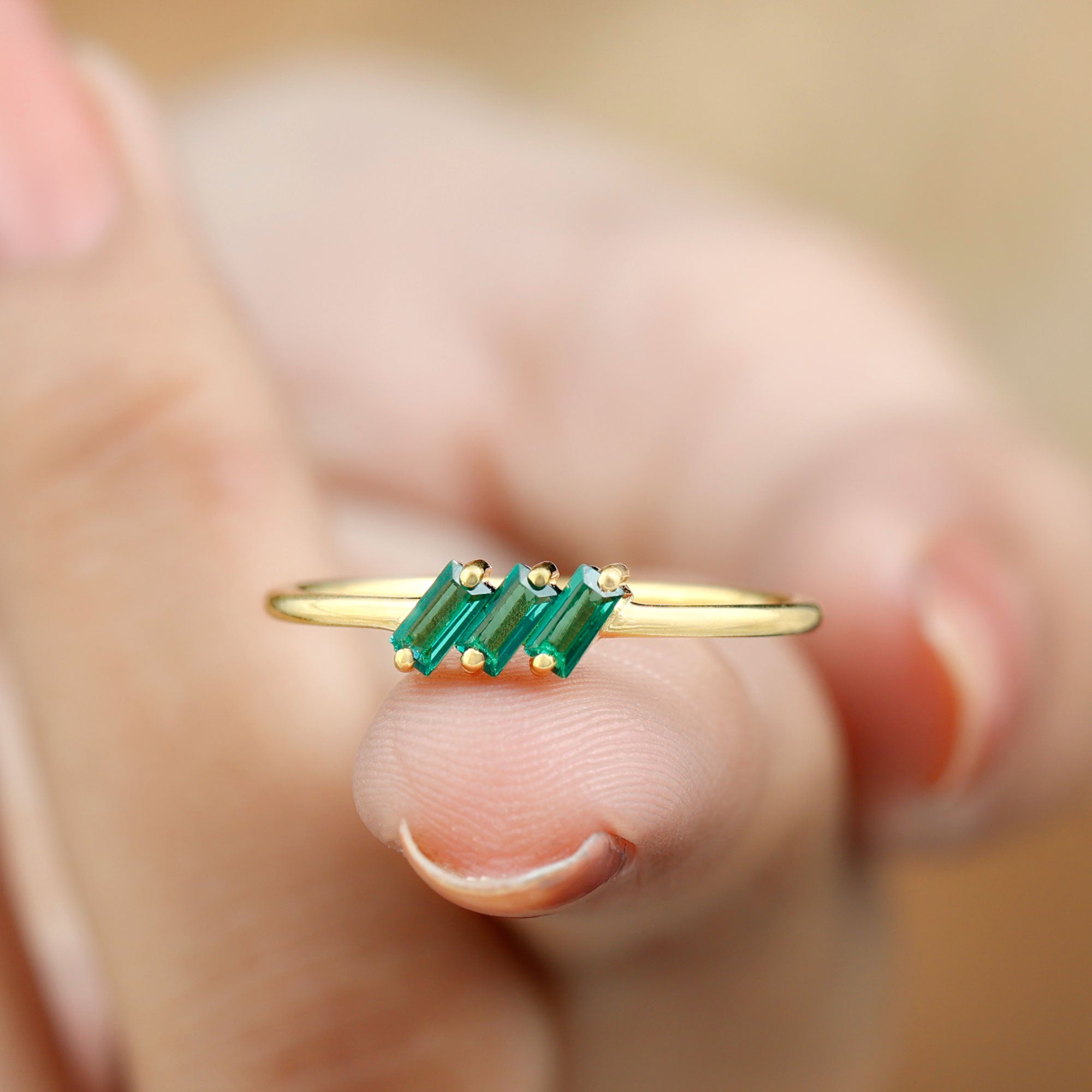 Baguette Cut Lab Grown Emerald Three Stone Promise Ring Lab Created Emerald - ( AAAA ) - Quality - Rosec Jewels