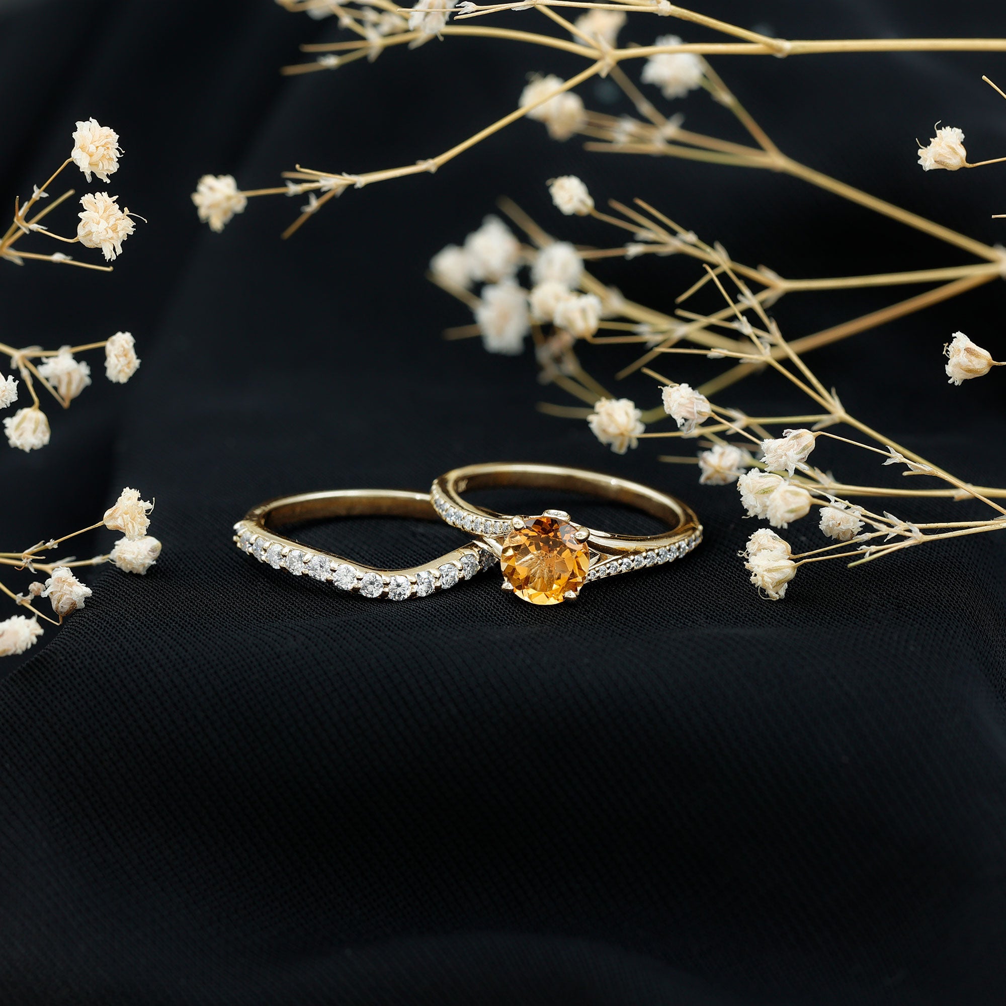 Certified Real Citrine Engagement Ring with Moissanite Wedding Band AAA - Rosec Jewels