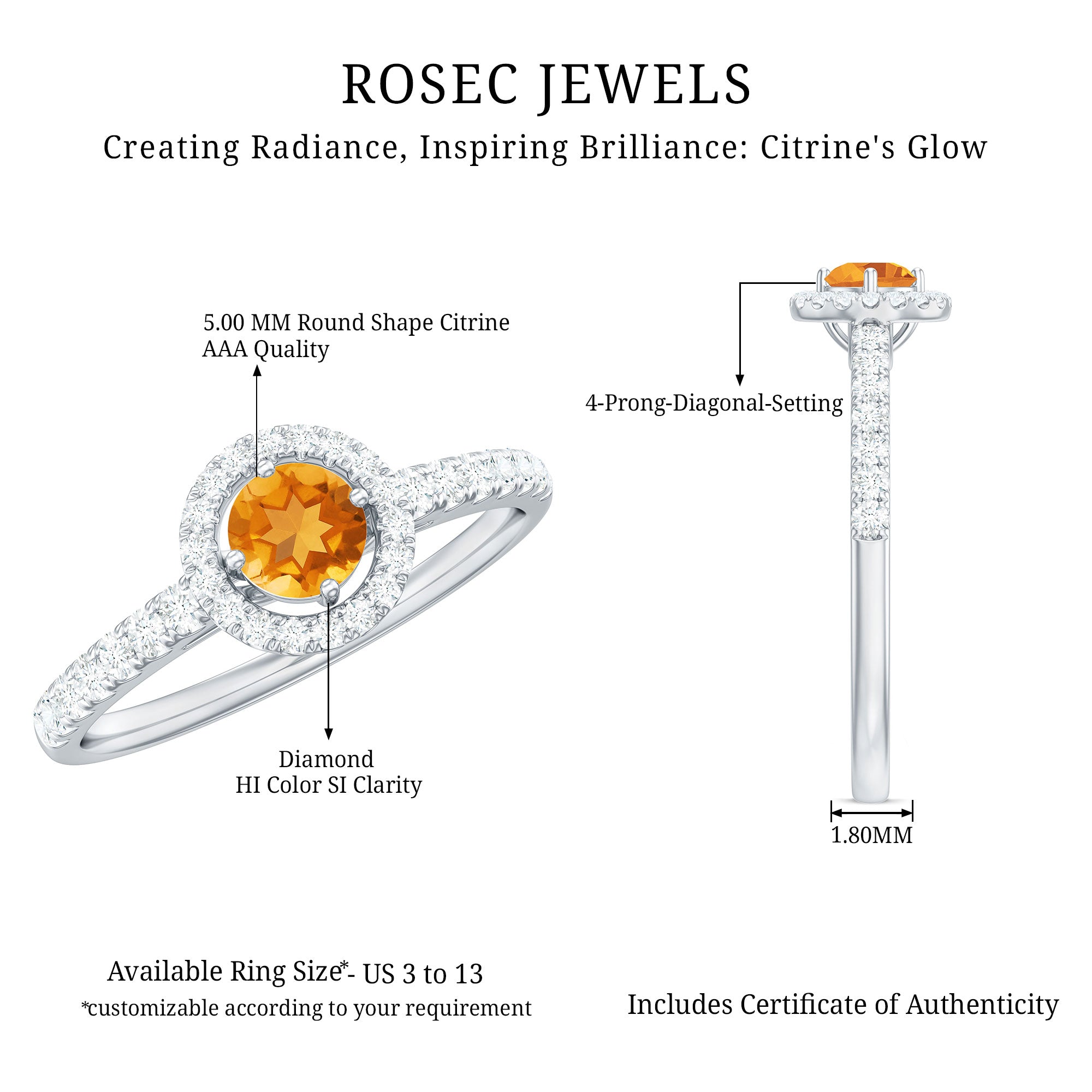 Rosec Jewels-Minimalist Citrine Diamond Engagement Ring with Halo