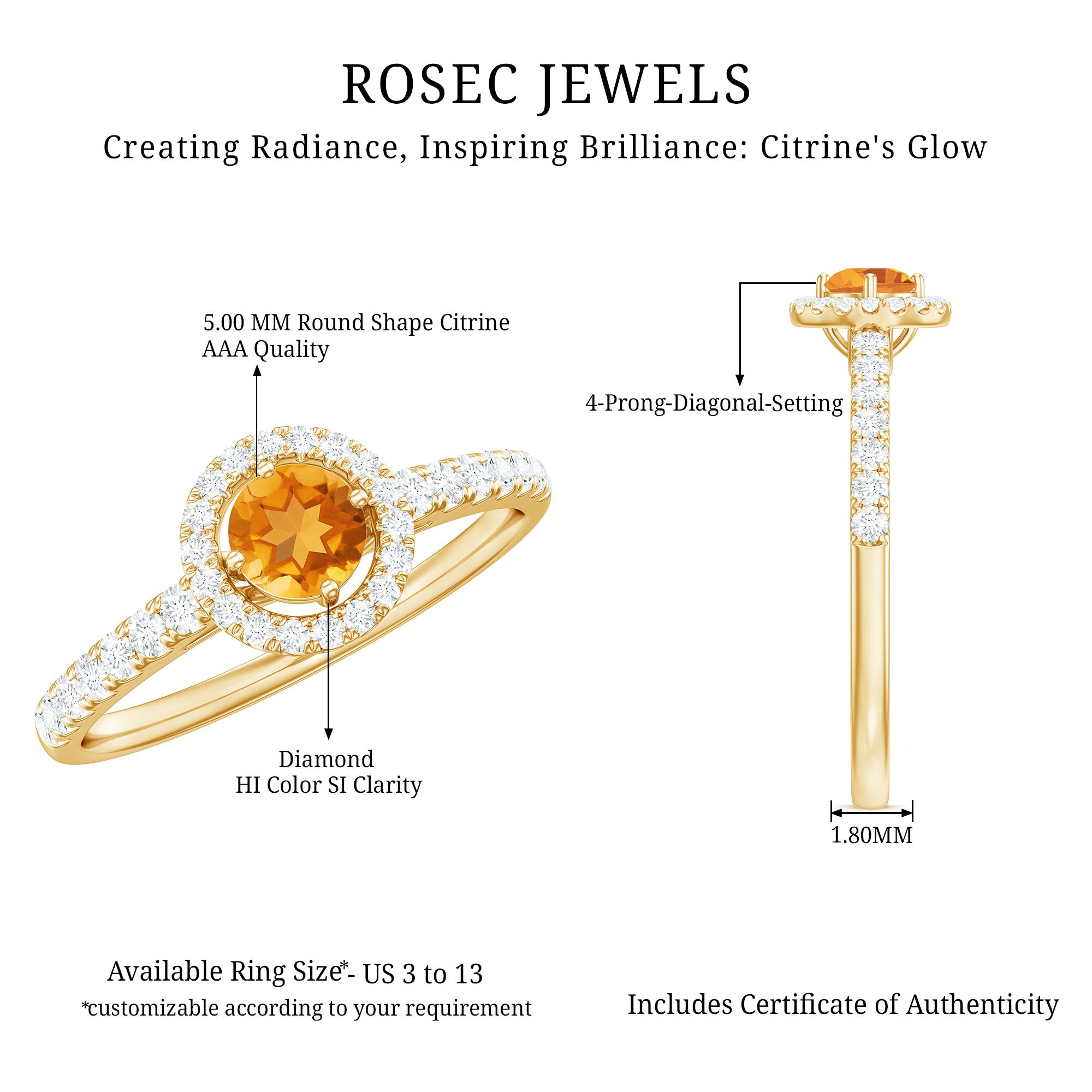 Rosec Jewels-Minimalist Citrine Diamond Engagement Ring with Halo