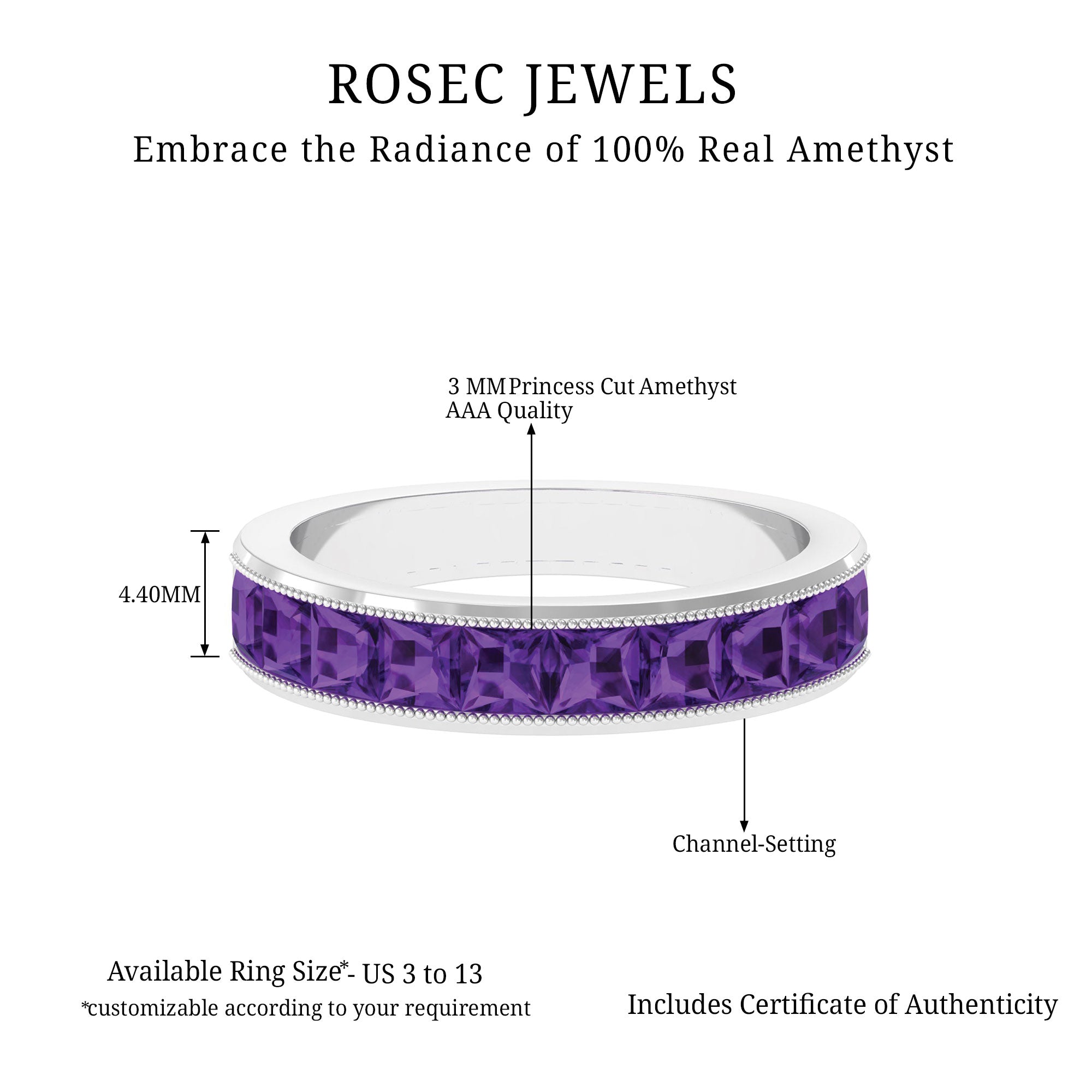 Rosec Jewels-Natural Princess Cut Amethyst Half Eternity Ring for Women