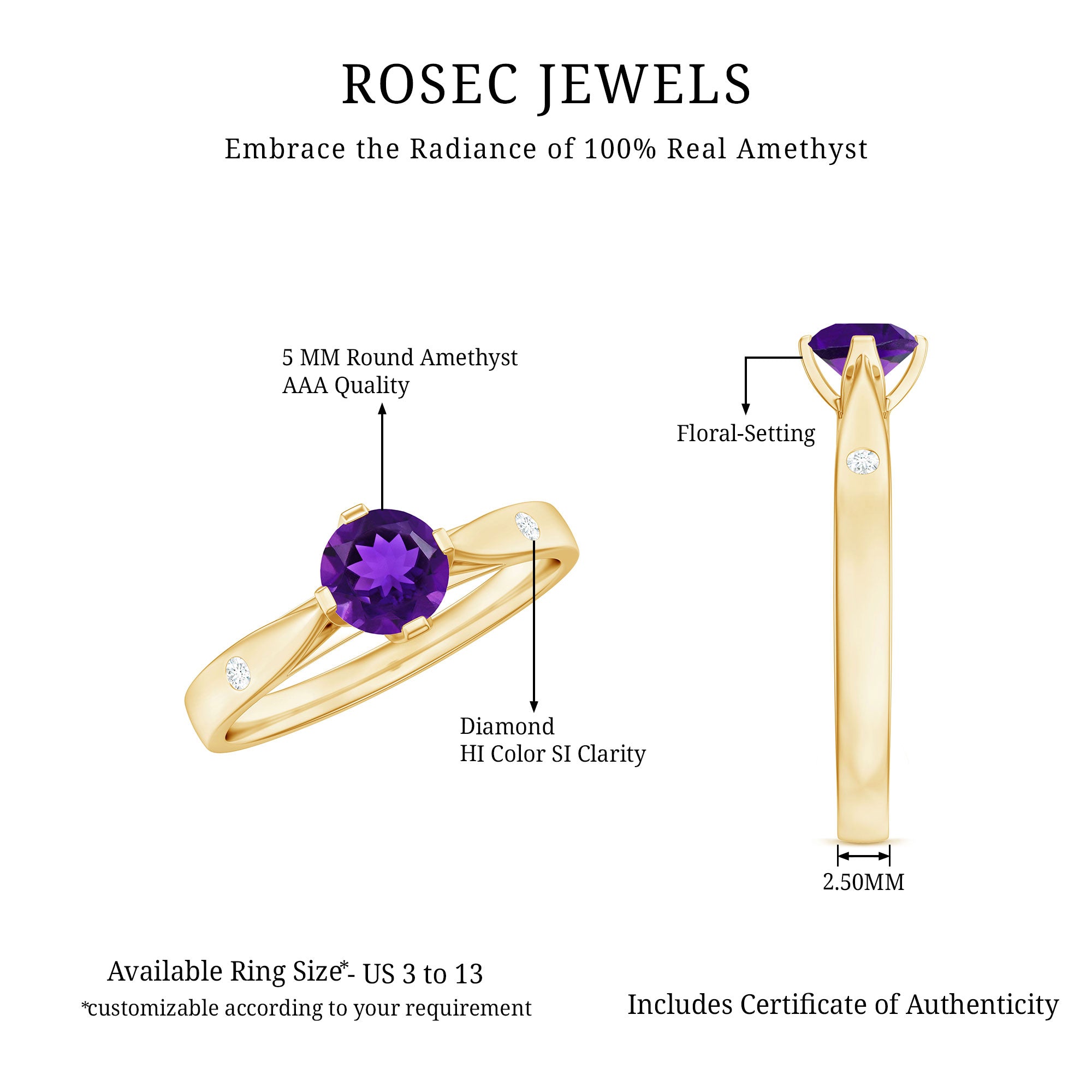Rosec Jewels-1/2 CT Solitaire Round Shape Amethyst Ring with Diamond